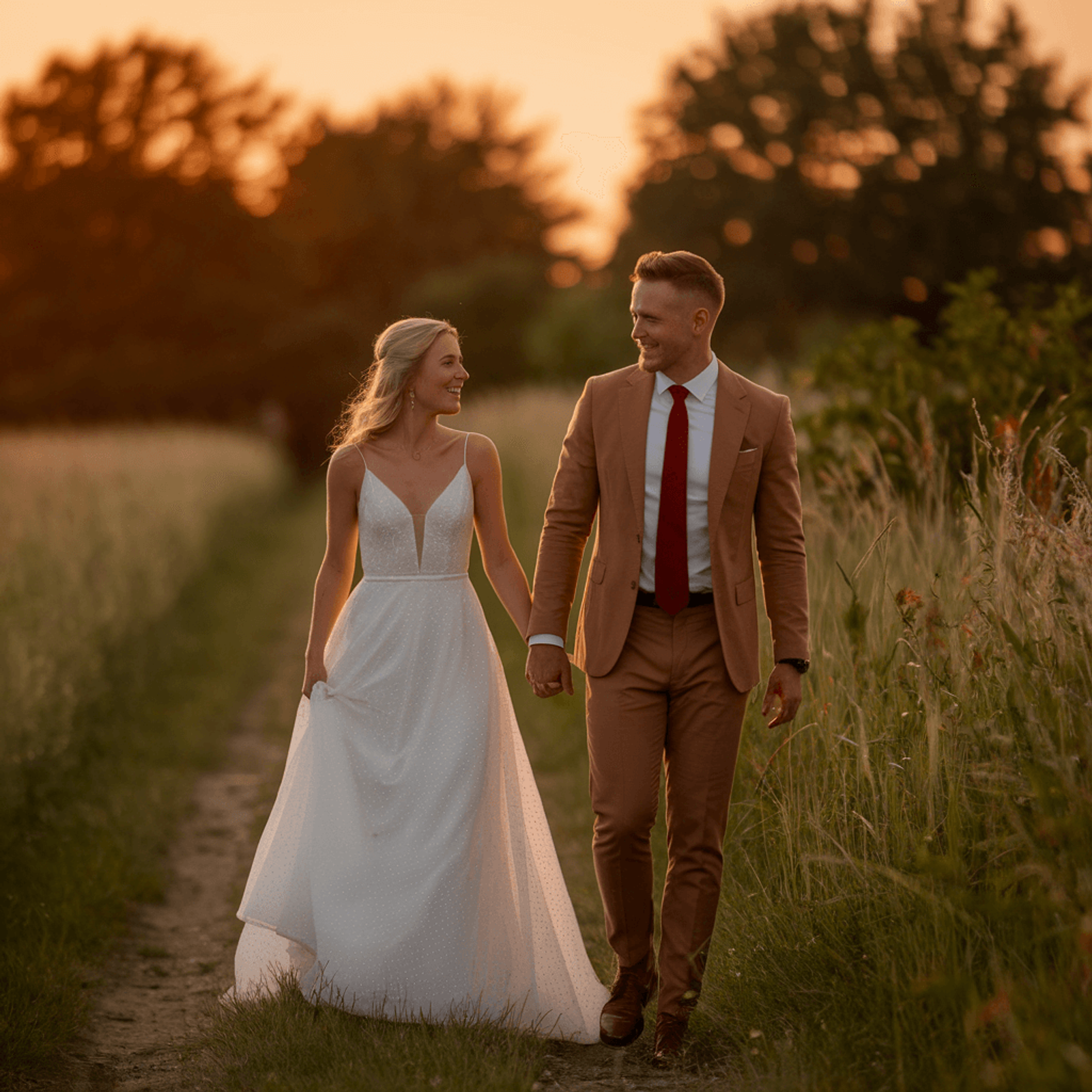 Wedding couple walking hand in hand through tall grass at sunset