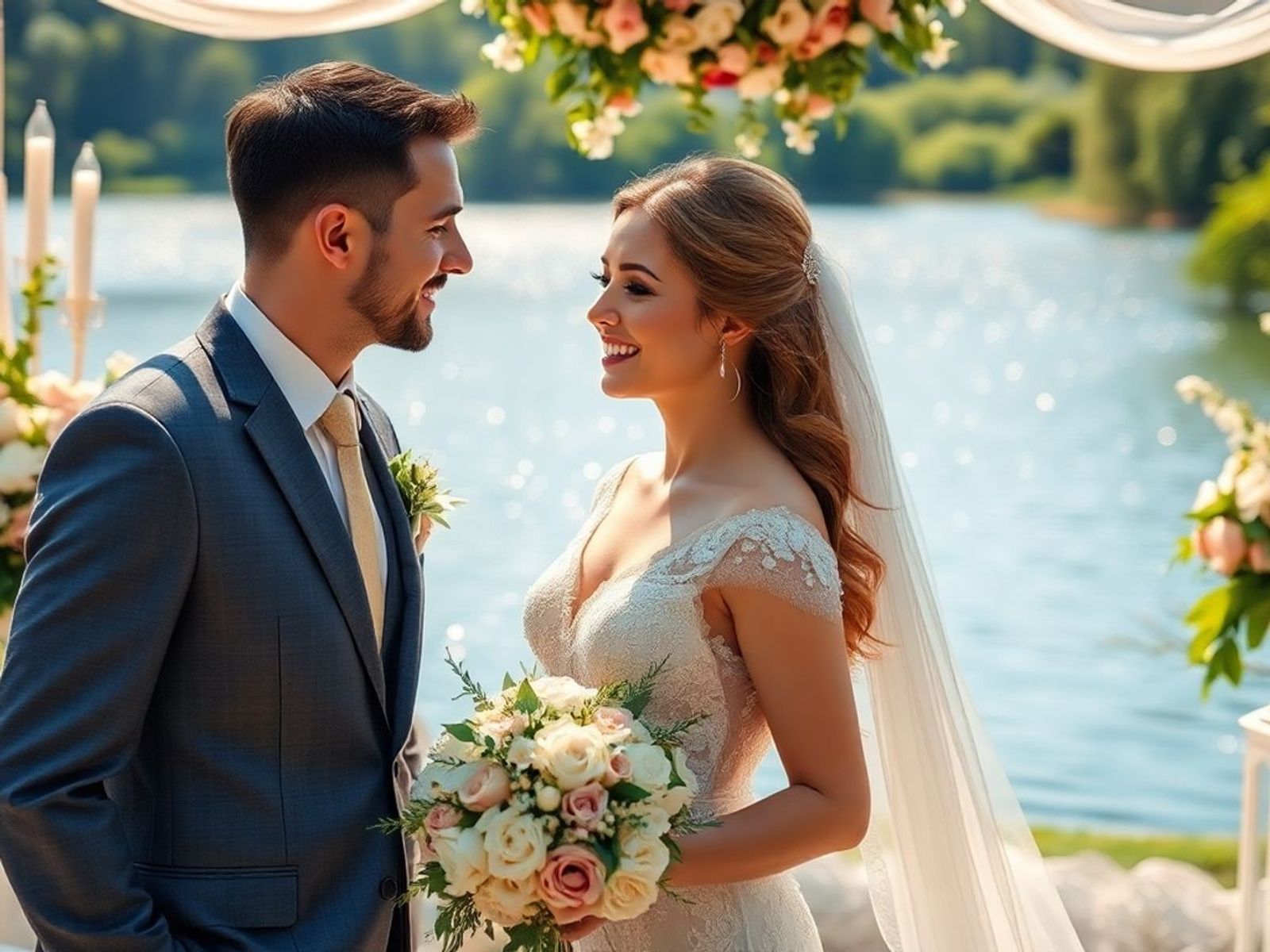 Wedding couple facing each other beside blue water and flowers