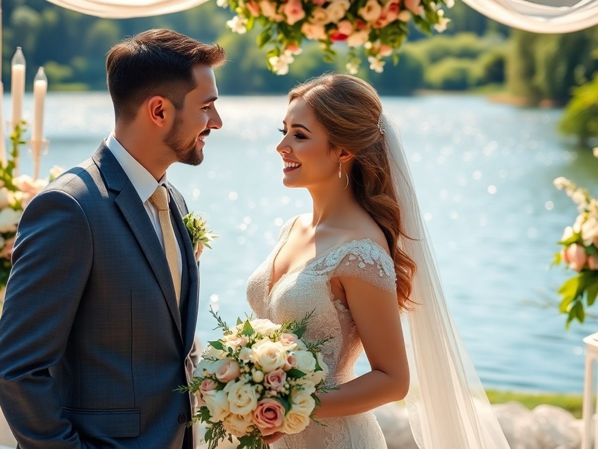 Waterside Couple Wedding couple facing each other beside blue water and flowers