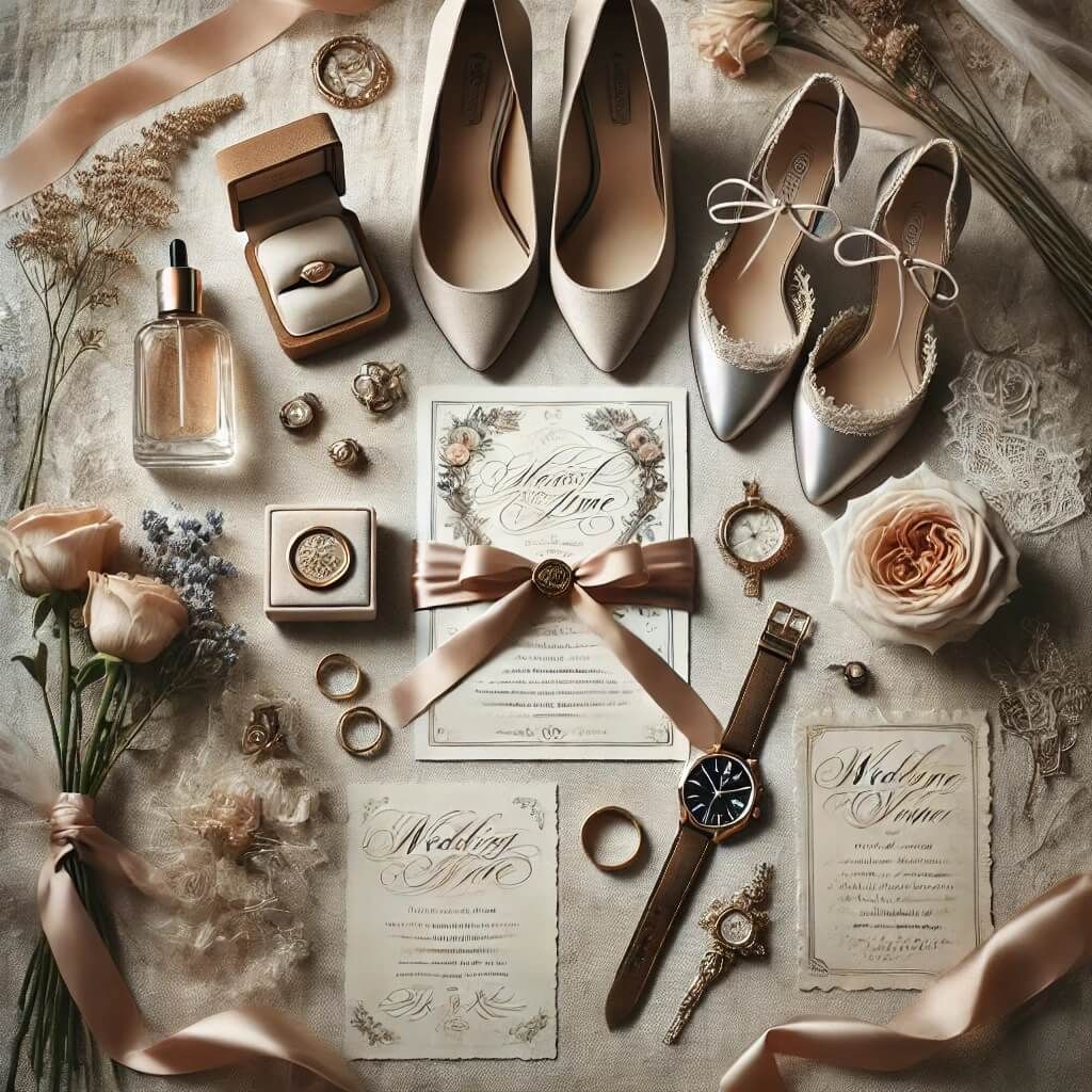 Accessory Flat Lay Flat lay with shoes watch rings perfume flowers and stationery