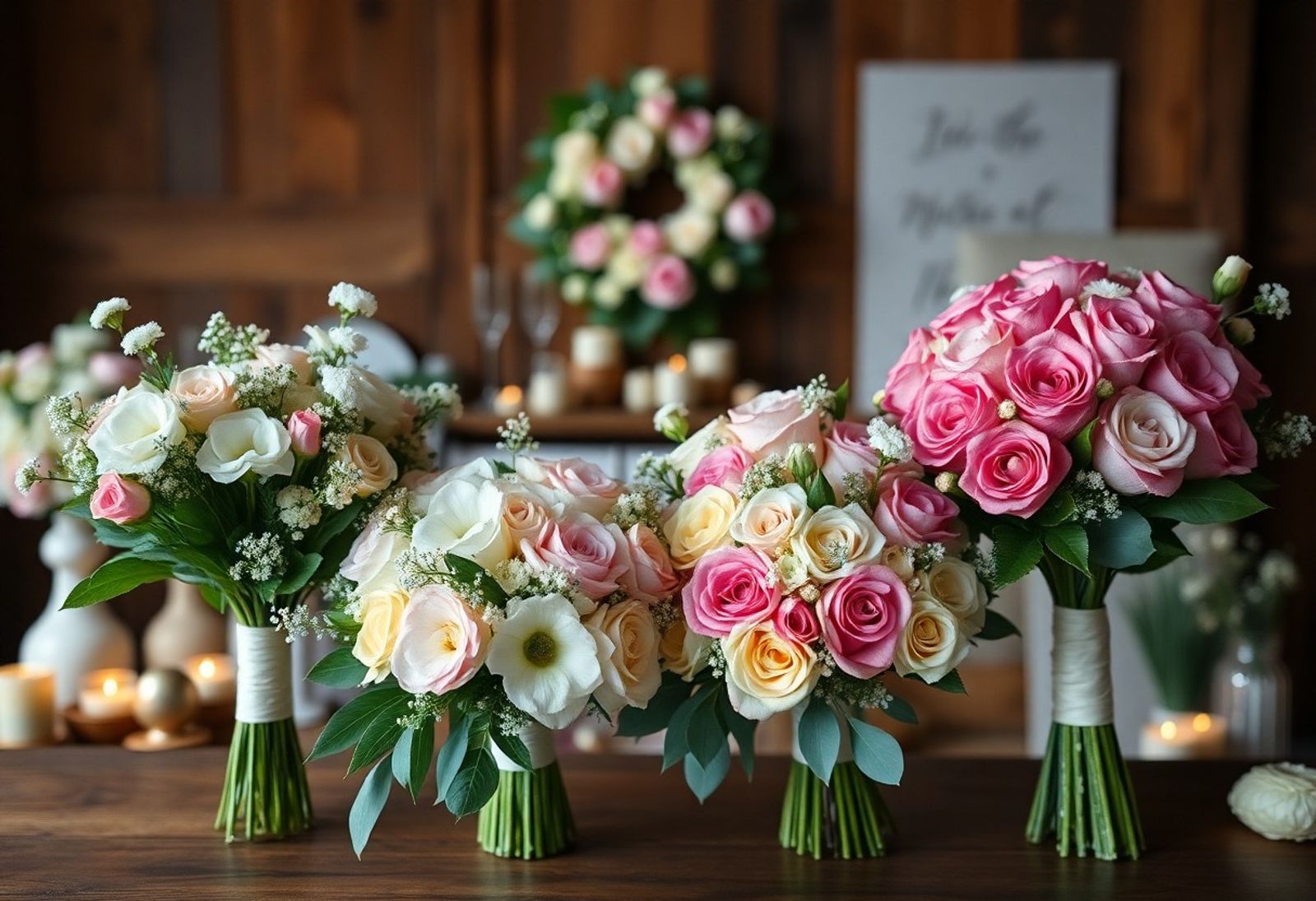 Several pink and white bouquets arranged on a table