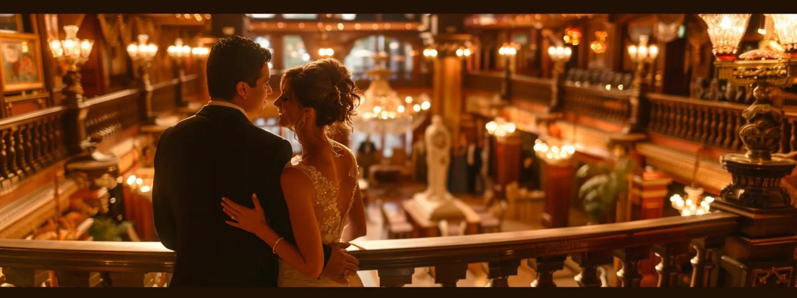 Balcony Overlook Wedding couple overlooking a warmly lit interior from a balcony