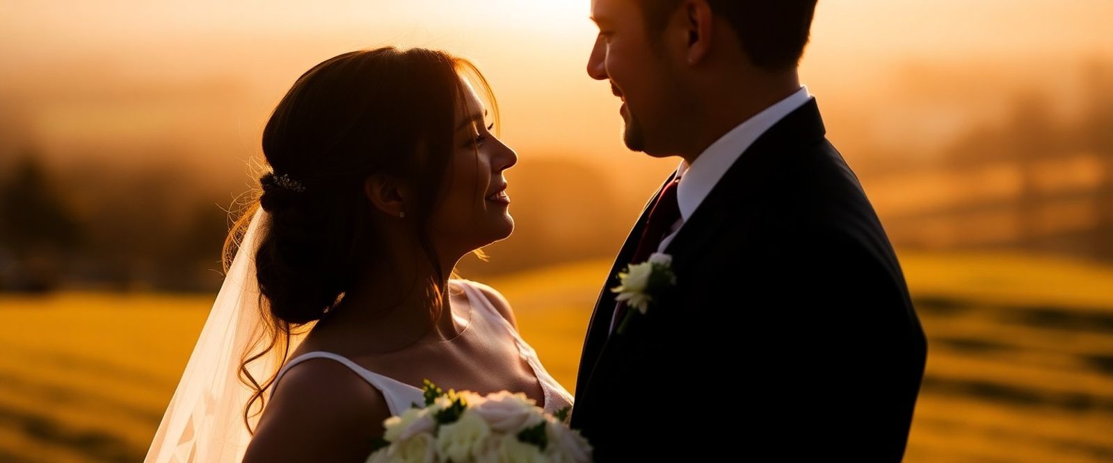 Backlit silhouette of a wedding couple facing each other