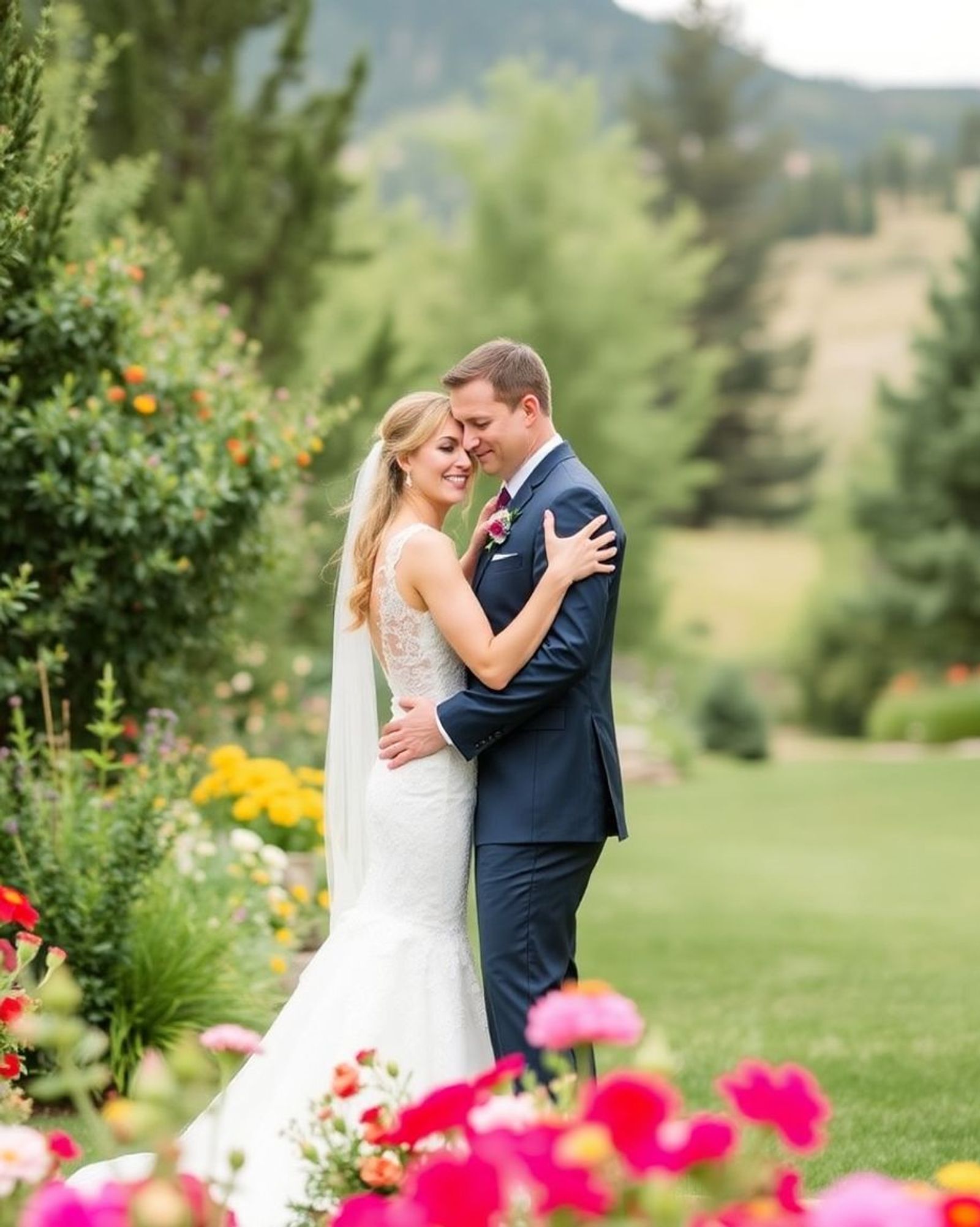 Wedding couple embracing in a flower garden