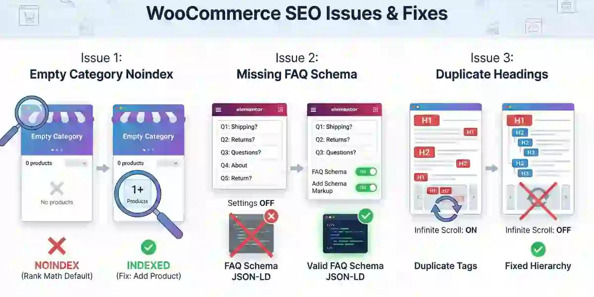 WooCommerce SEO issues and fixes infographic showing three common problems: empty category pages being set to noindex by Rank Math by default, missing FAQ schema JSON-LD caused by disabled settings in Elementor Accordion widget, and duplicate H1 H2 H3 heading tags caused by Infinite Scroll being enabled in carousel widgets