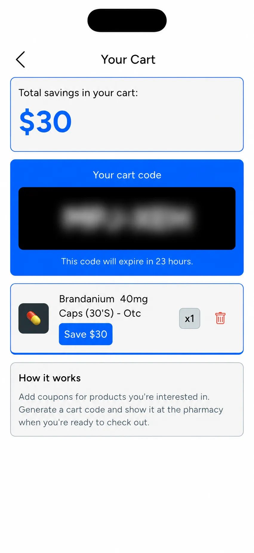 Redesigned over-the-counter cart with redemption code removed