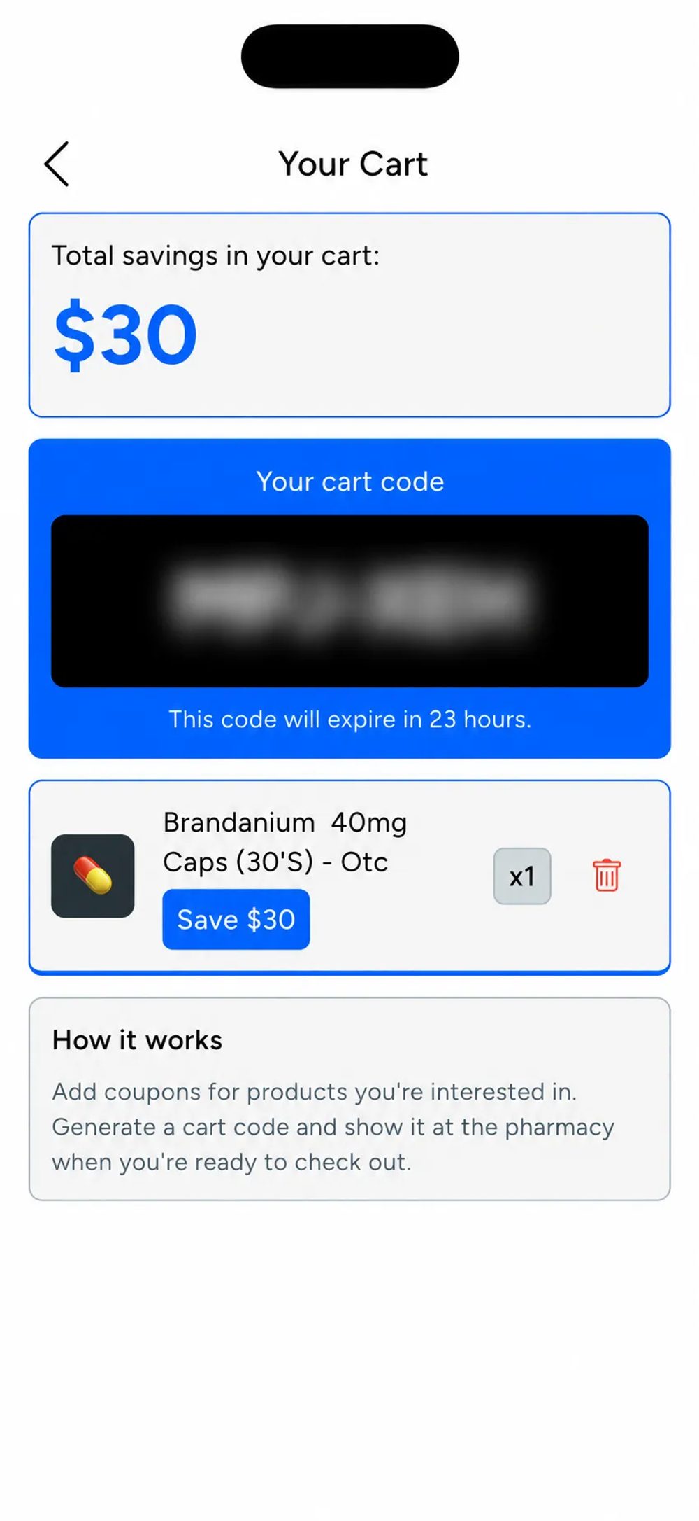 Redesigned over-the-counter cart with redemption code removed