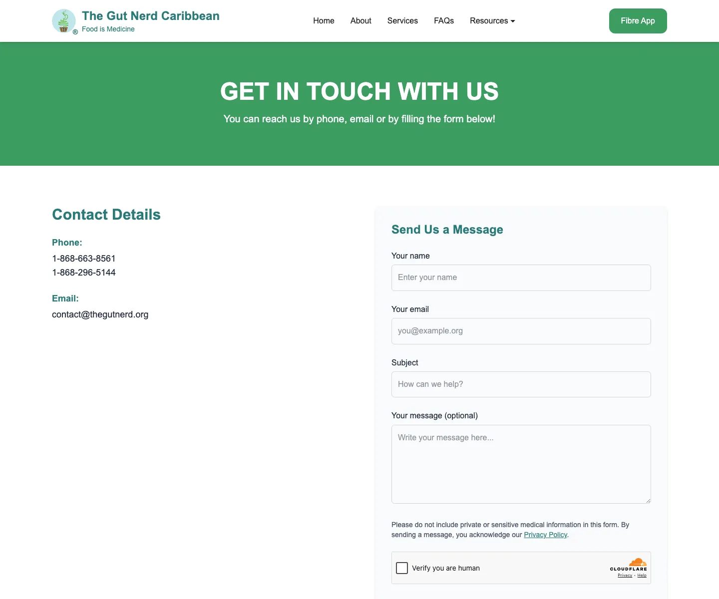 The redesigned Gut Nerd Caribbean contact page