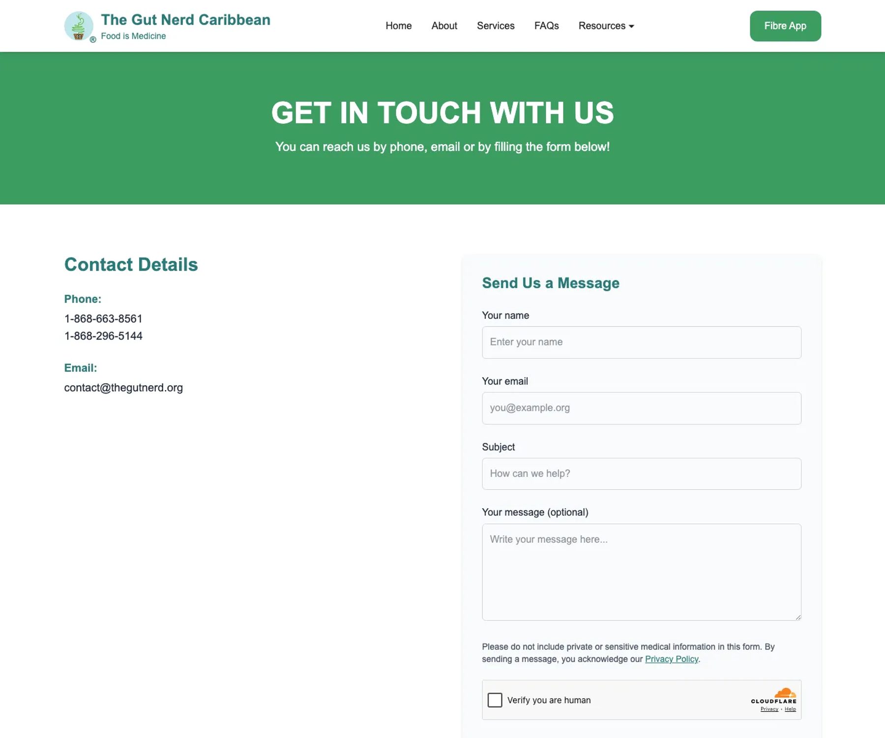 The redesigned Gut Nerd Caribbean contact page