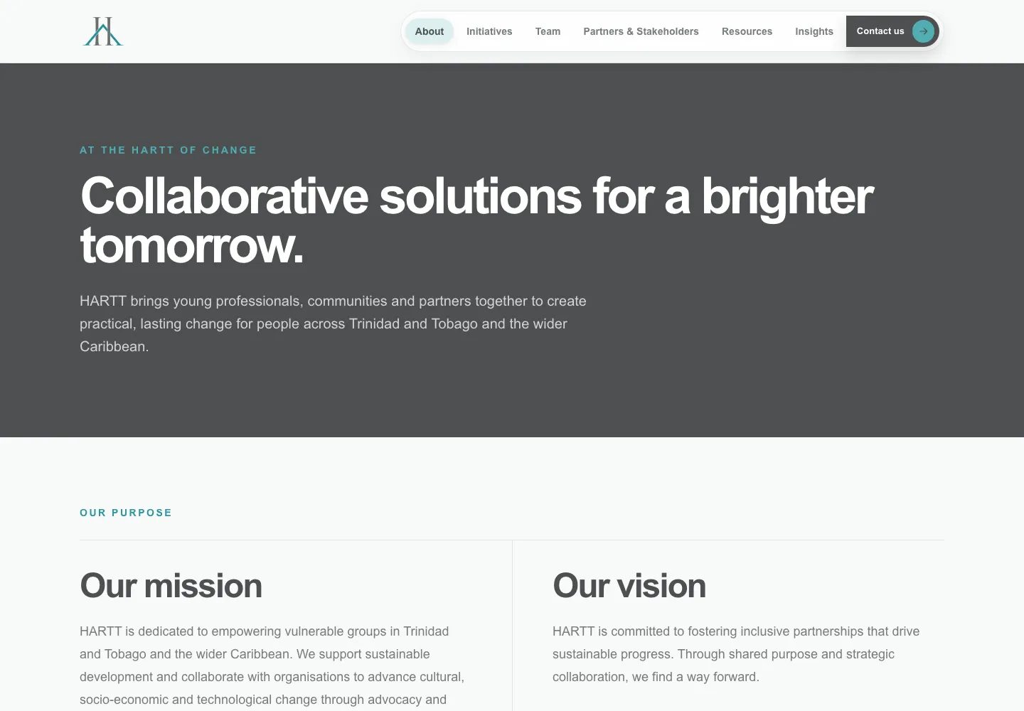 About page presenting purpose, mission, and vision