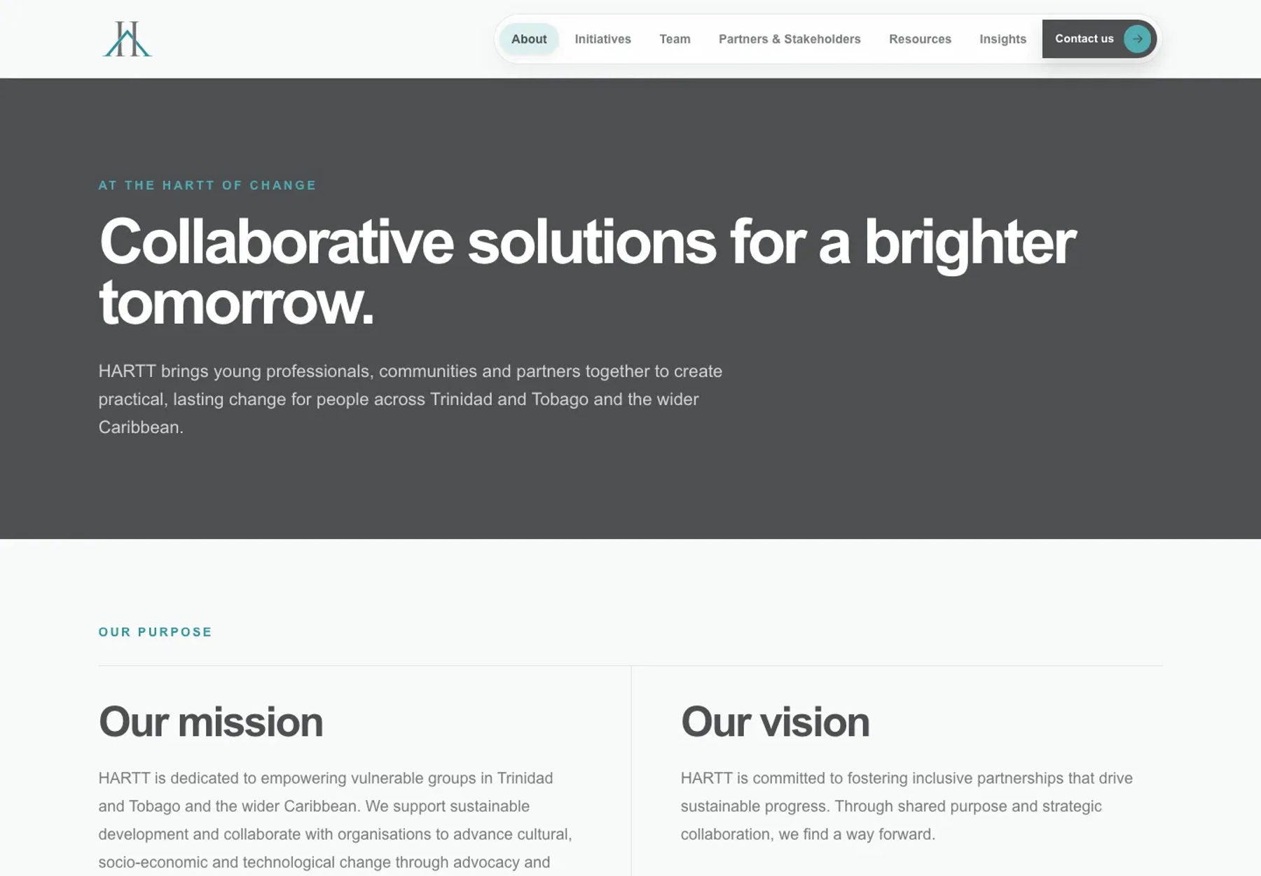 About page presenting purpose, mission, and vision