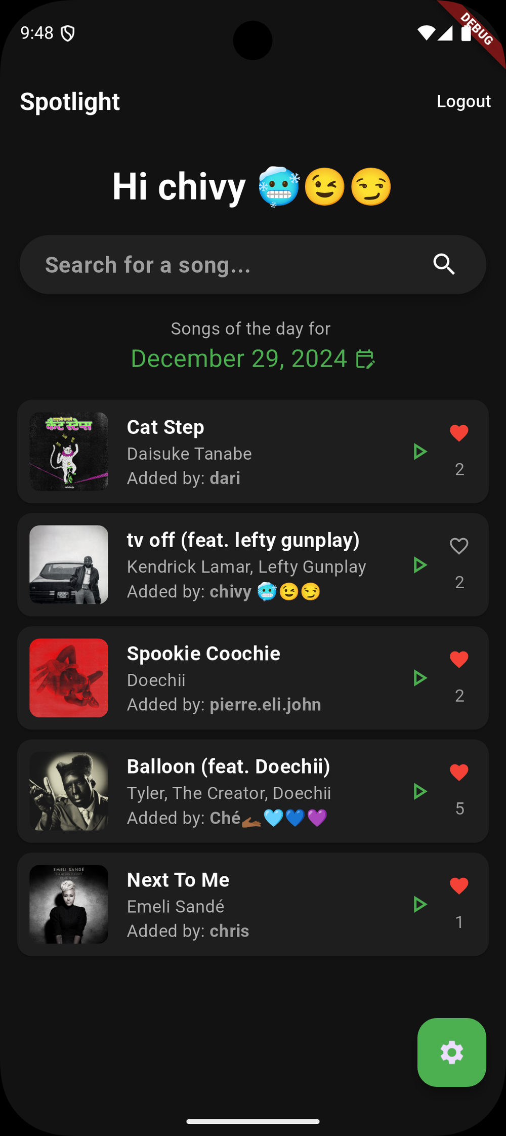 Spotlight mobile app song feed with community votes
