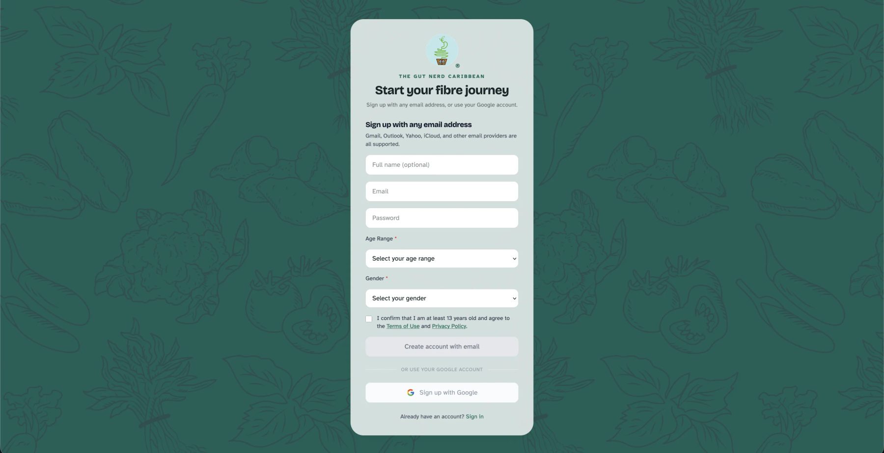 Fibre tracker account creation page