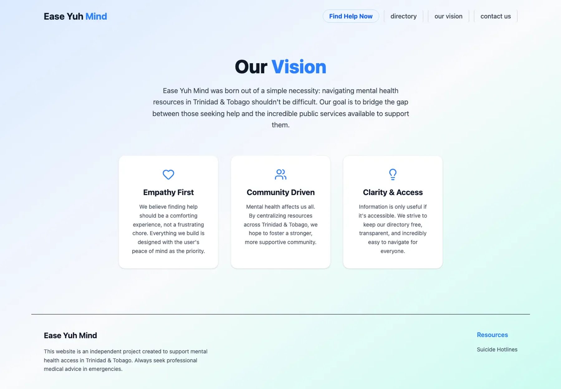 Vision page explaining empathy, community, clarity, and access