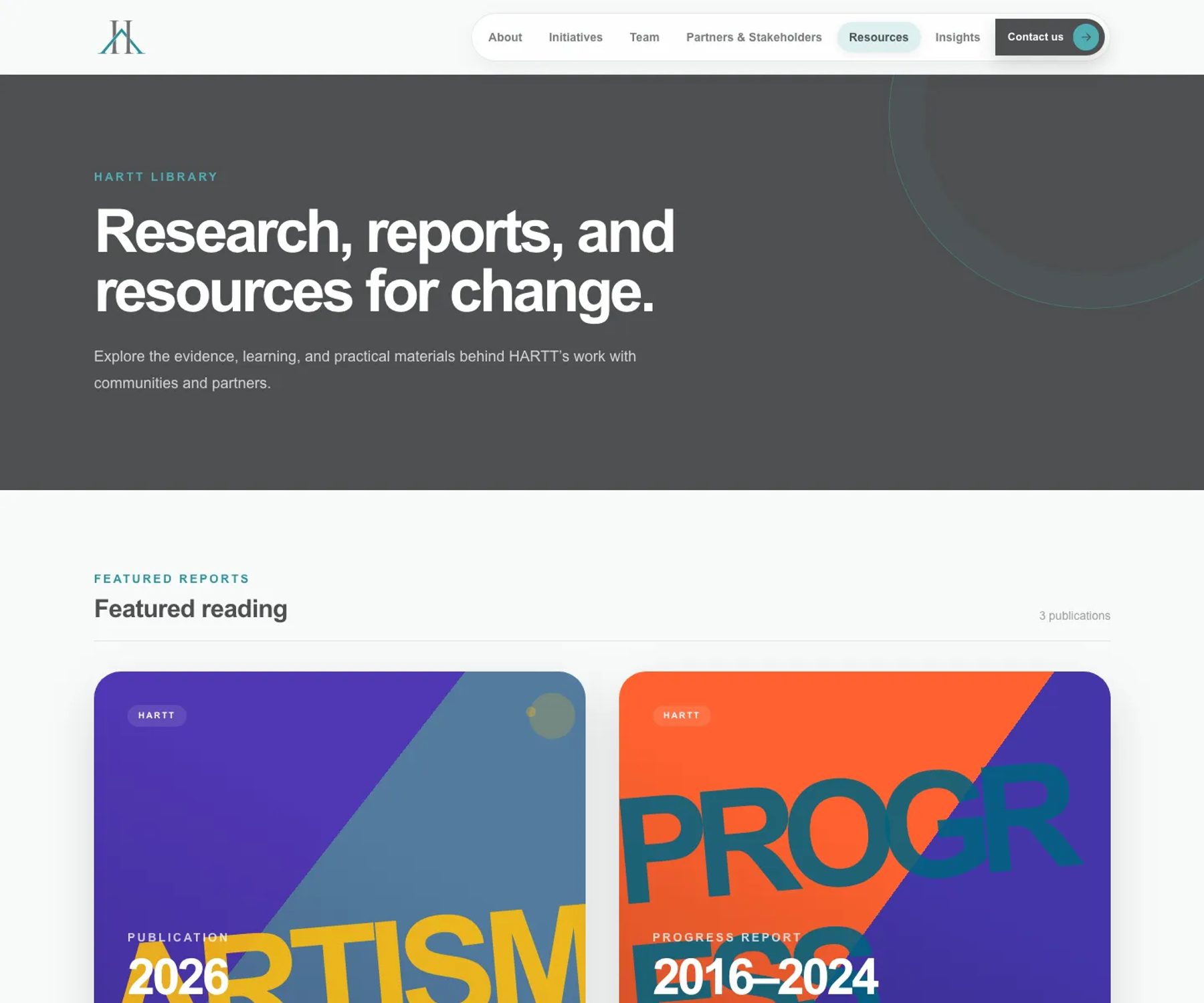 Resources page presenting research, reports, and practical publications