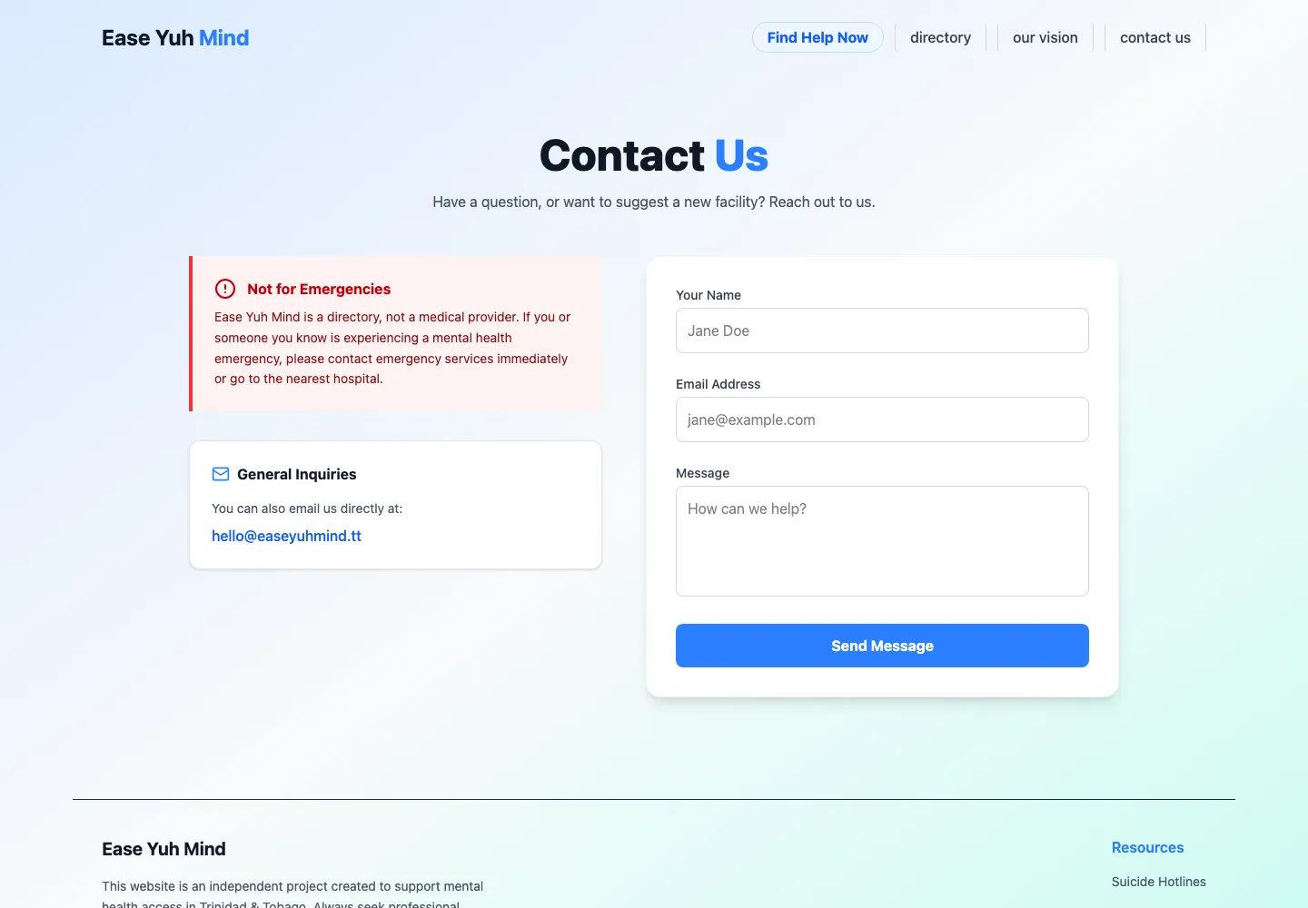 Contact page with emergency guidance and a focused enquiry route