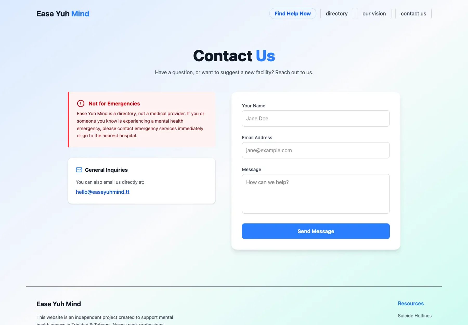 Contact page with emergency guidance and a focused enquiry route