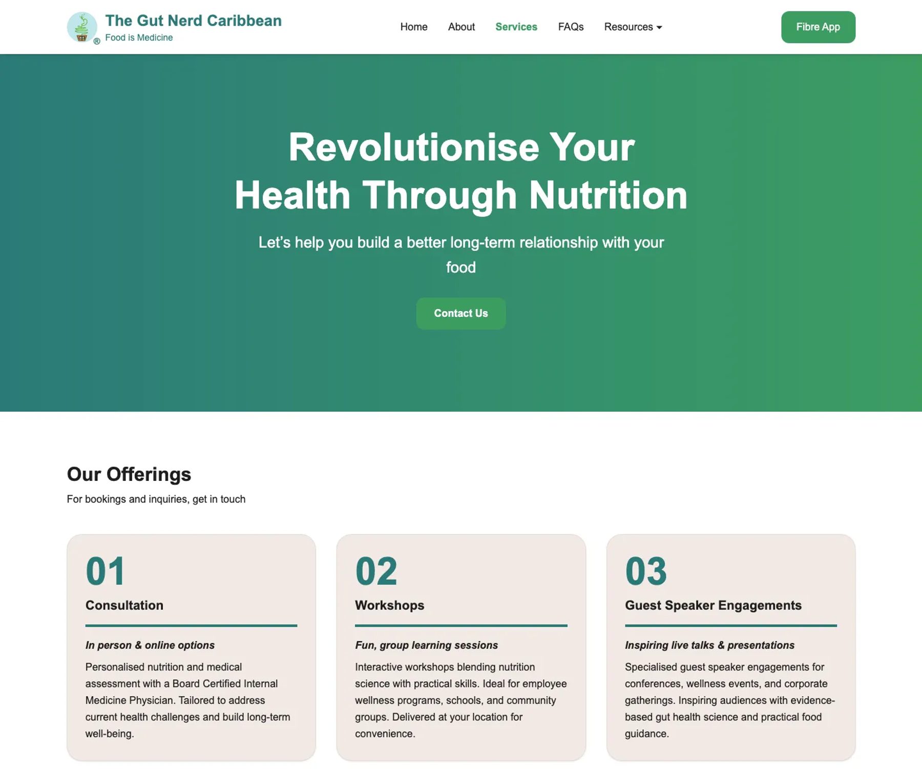 The redesigned Gut Nerd Caribbean services page