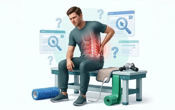 Patient with recurring low back pain next to common self-care treatments including stretching exercises and pain relief tools, illustrating why back pain often returns without proper rehabilitation.
