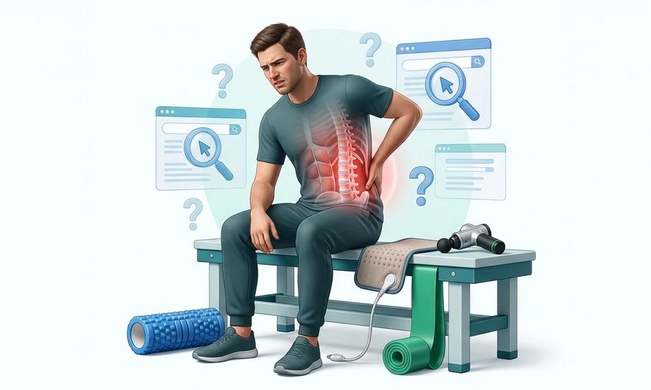 Patient with recurring low back pain next to common self-care treatments including stretching exercises and pain relief tools, illustrating why back pain often returns without proper rehabilitation.