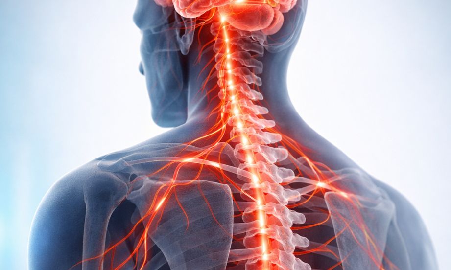 3D medical render of the brain and spine with glowing nerve pathways showing how chronic back pain is driven by nervous system sensitization rather than structural damage.