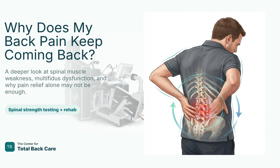 3D medical illustration showing multifidus muscle dysfunction and spinal instability associated with chronic recurrent back pain.
