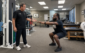 Dr. J stands on the left and coaches a patient performing a controlled bodyweight squat in The Center for Total Back Care rehabilitation area. 