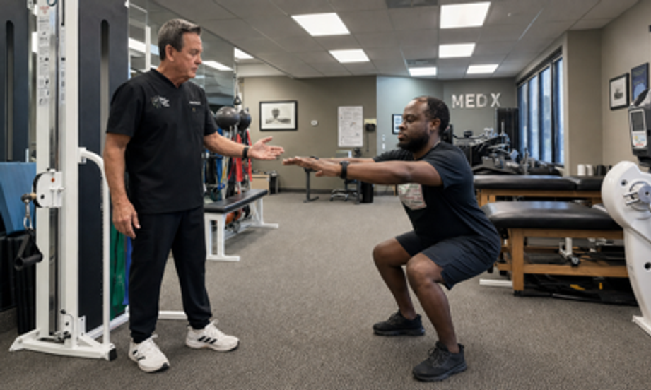 Dr. J stands on the left and coaches a patient performing a controlled bodyweight squat in The Center for Total Back Care rehabilitation area. 