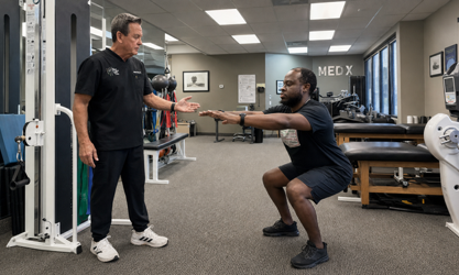 Dr. J stands on the left and coaches a patient performing a controlled bodyweight squat in The Center for Total Back Care rehabilitation area.