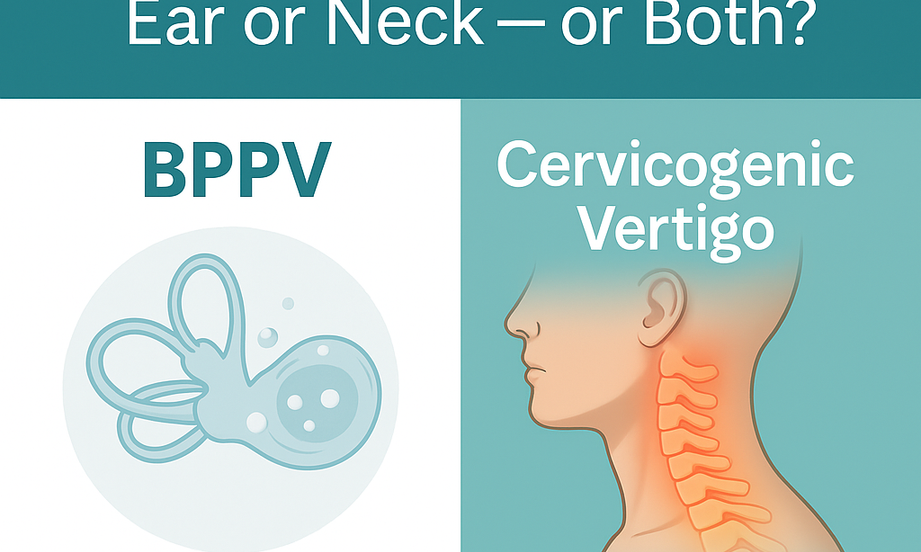 Vertigo education graphic from The Center for Total Back Care in Mesa, AZ showing BPPV versus cervicogenic vertigo and explaining dizziness caused by the ear or neck.