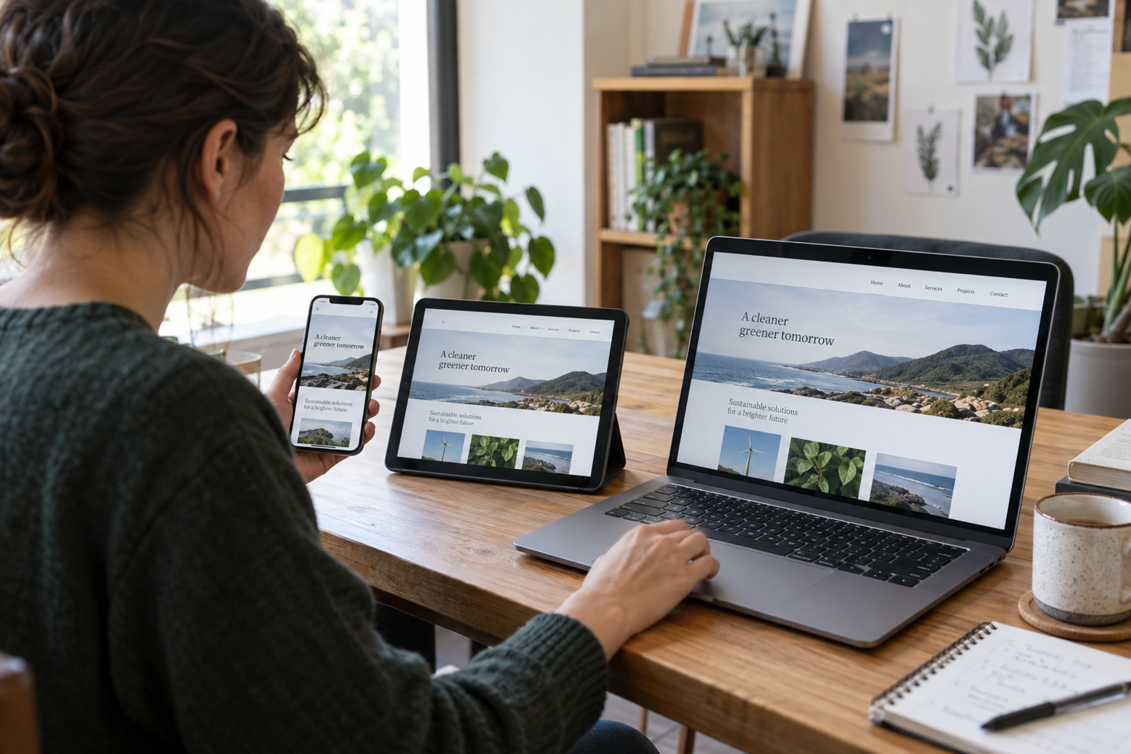 Designer comparing a website on mobile and desktop devices.