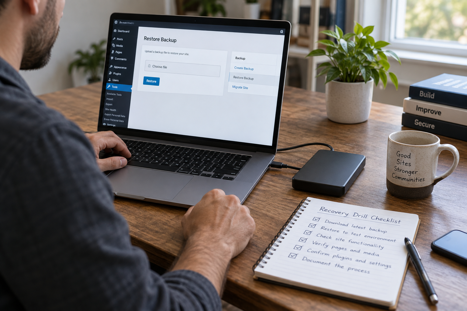 Website maintainer reviewing a recovery checklist beside a backup drive.