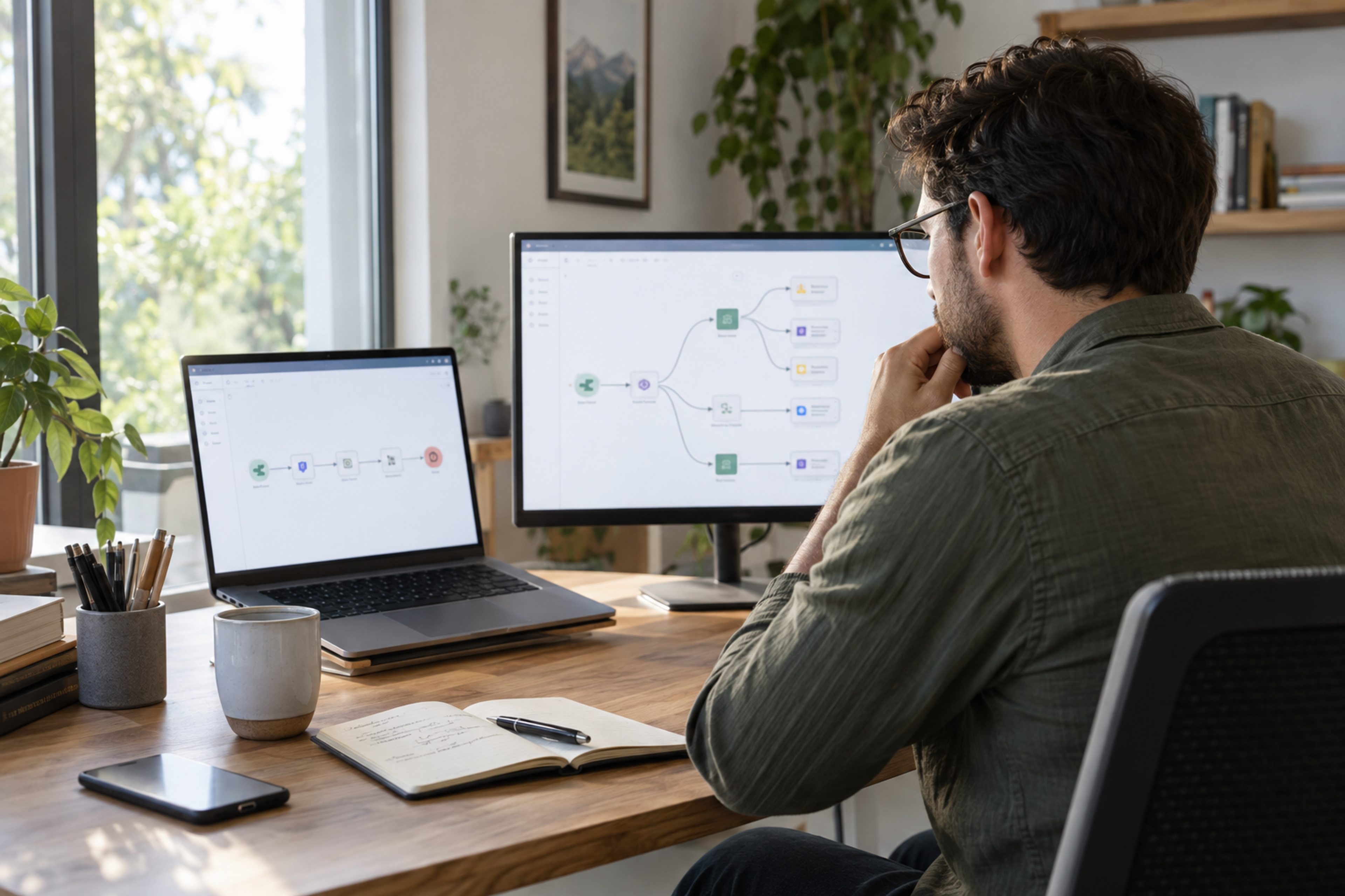 Automation designer comparing workflow diagrams on two screens.