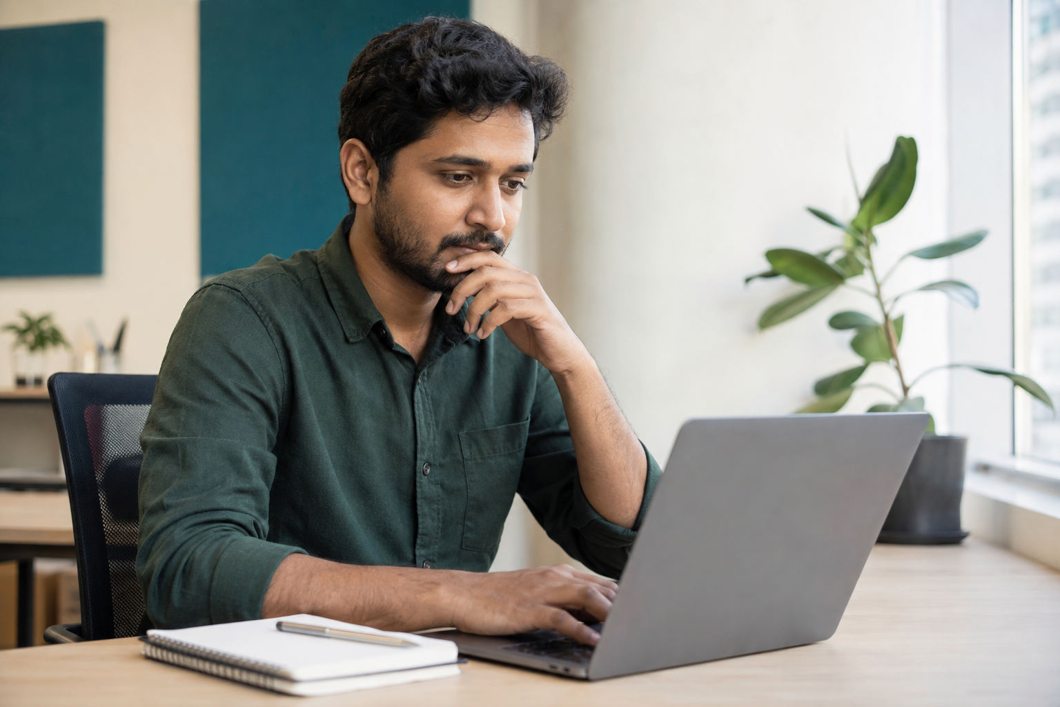 Professional in a green shirt working on a laptop beside a notebook in a sunlit office.