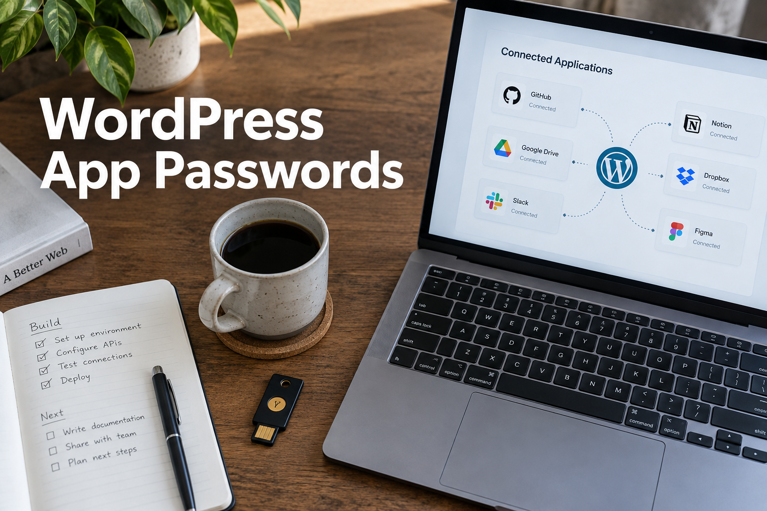 Computadora portátil que muestra aplicaciones de sitios web conectadas junto a una clave de seguridad, con el título WordPress Contraseñas de aplicaciones