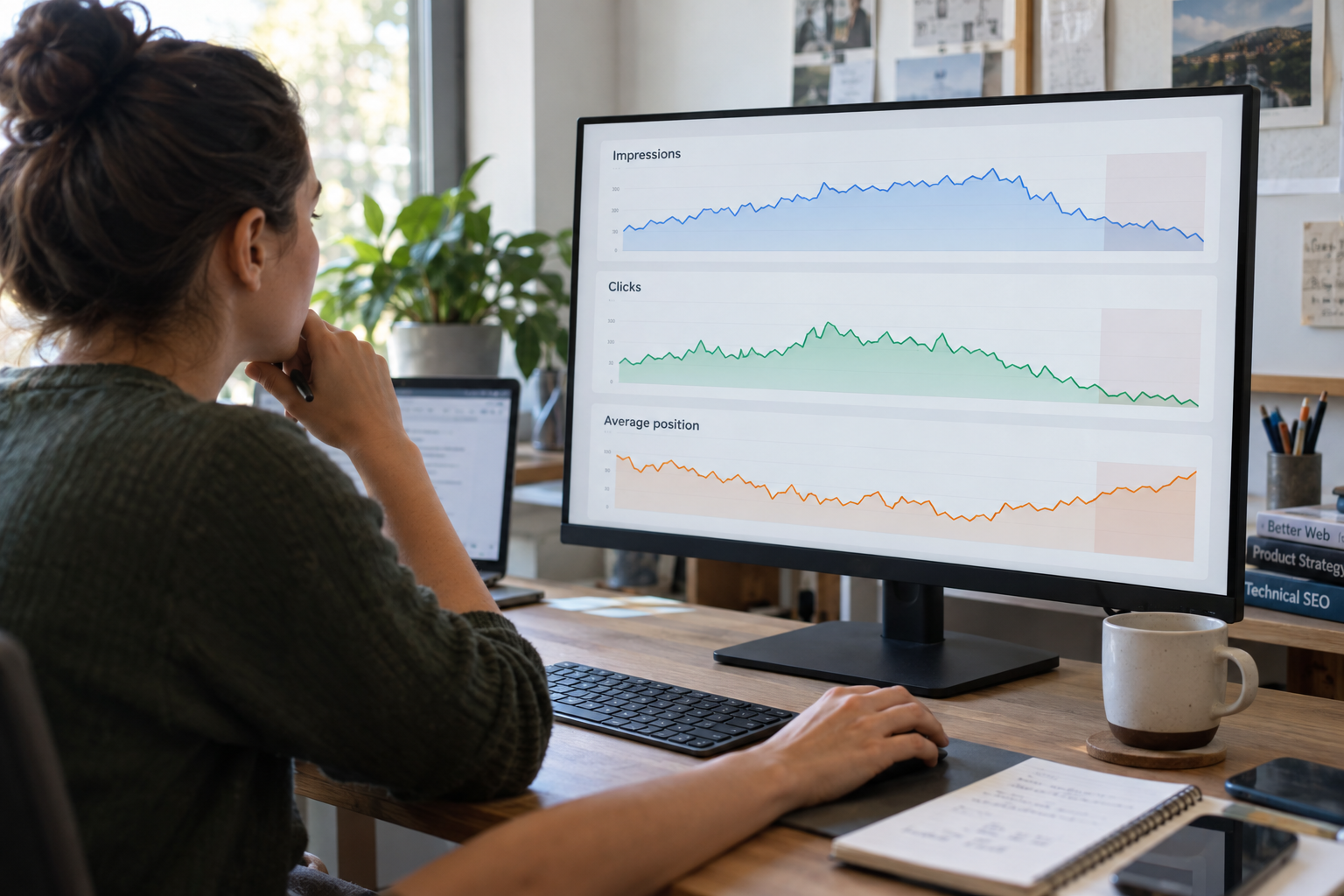 Analyst reviewing illustrative website search charts.