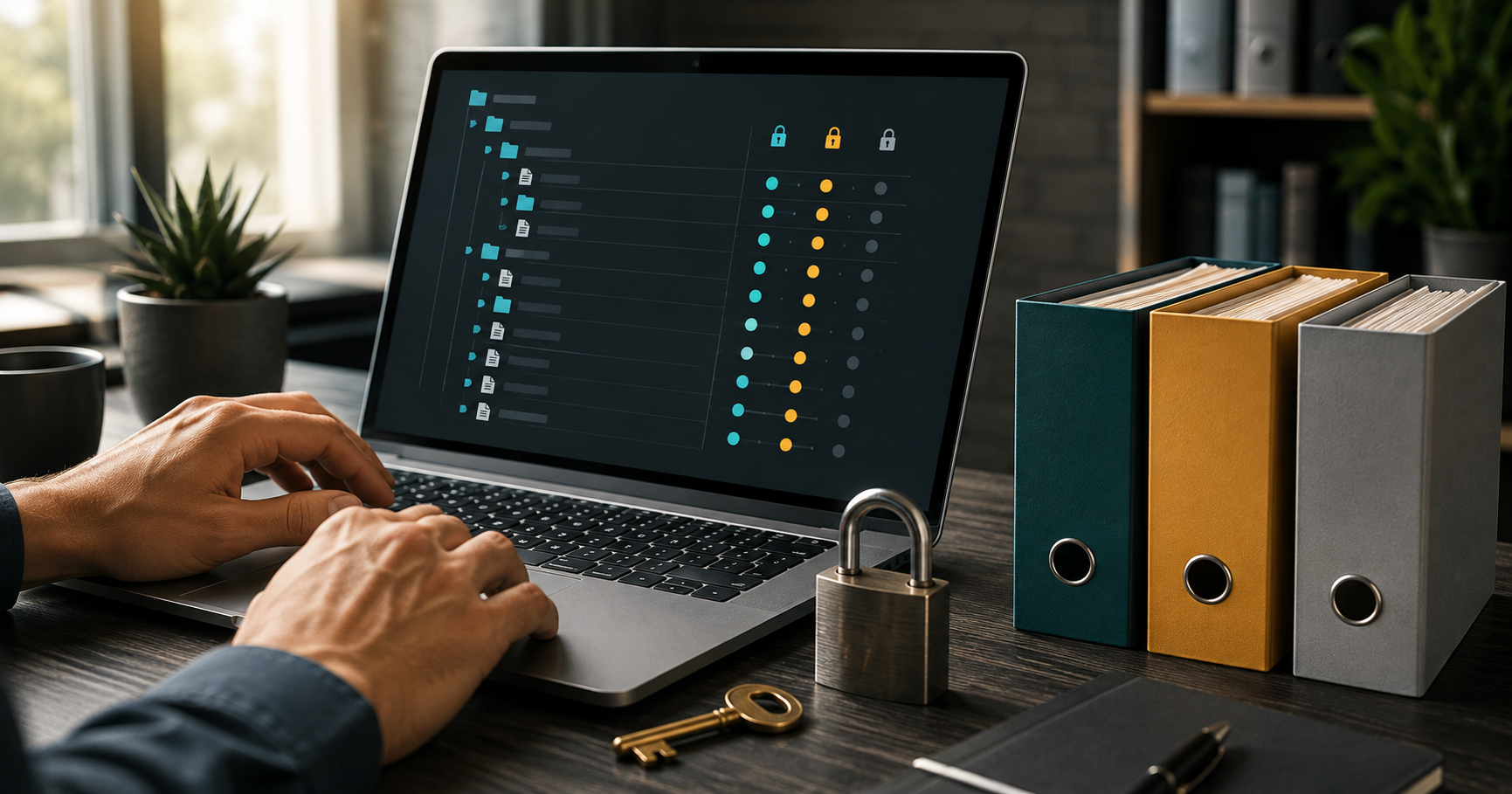 IT professional connecting an encrypted backup drive while a WordPress website restore workflow appears on a laptop