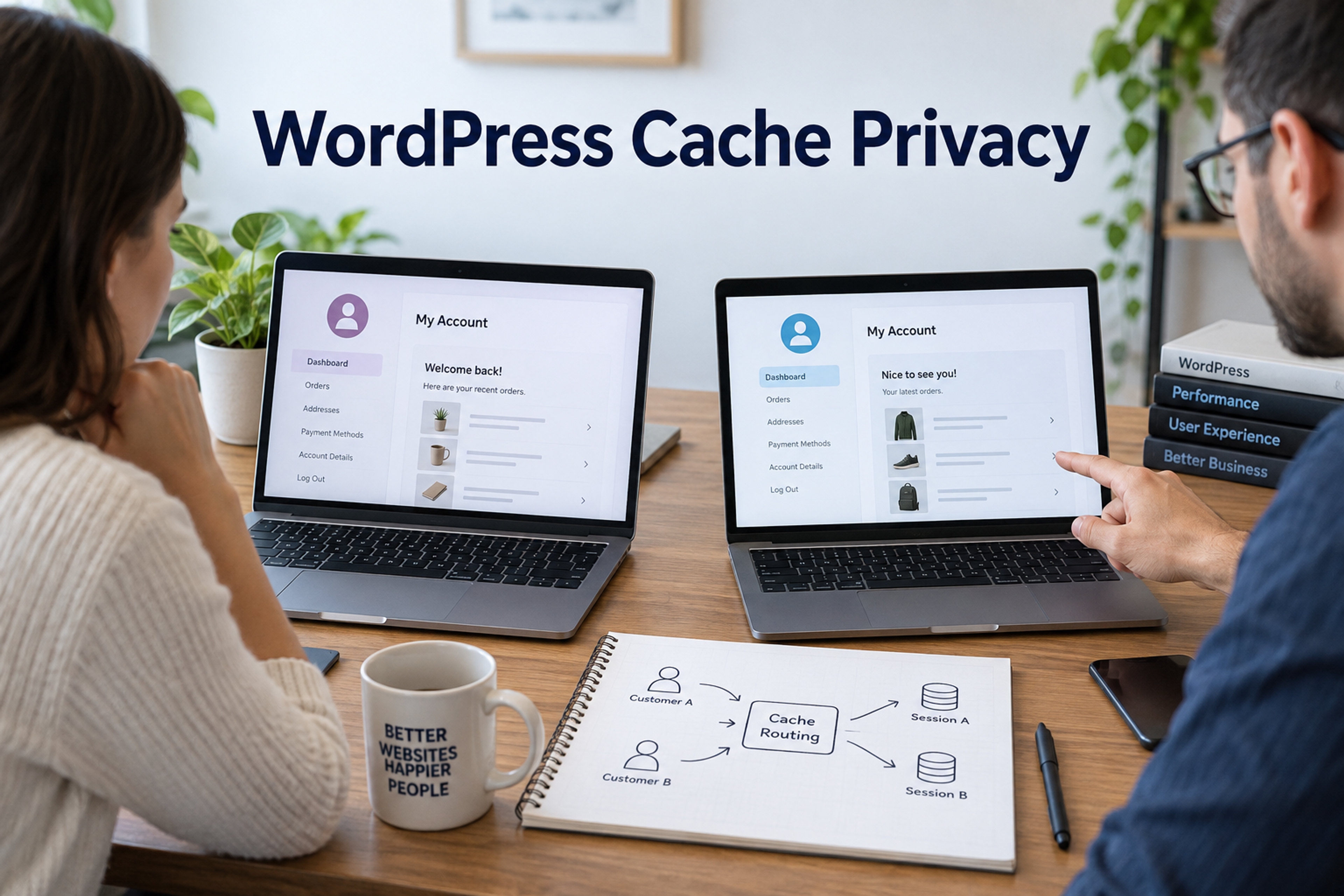 两个人在标题为 WordPress 缓存隐私的笔记本电脑上比较不同的客户帐户