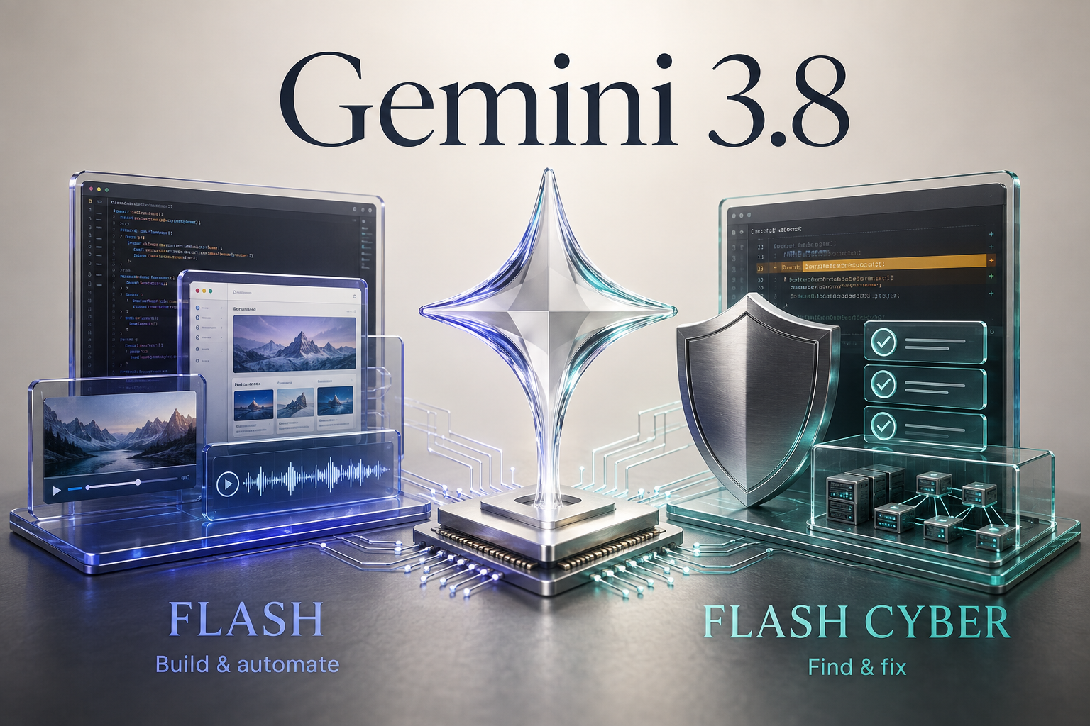 Gemini 3.8 comparison illustration with development and media panels for Flash, and a shield, code review and test checks for Flash Cyber.