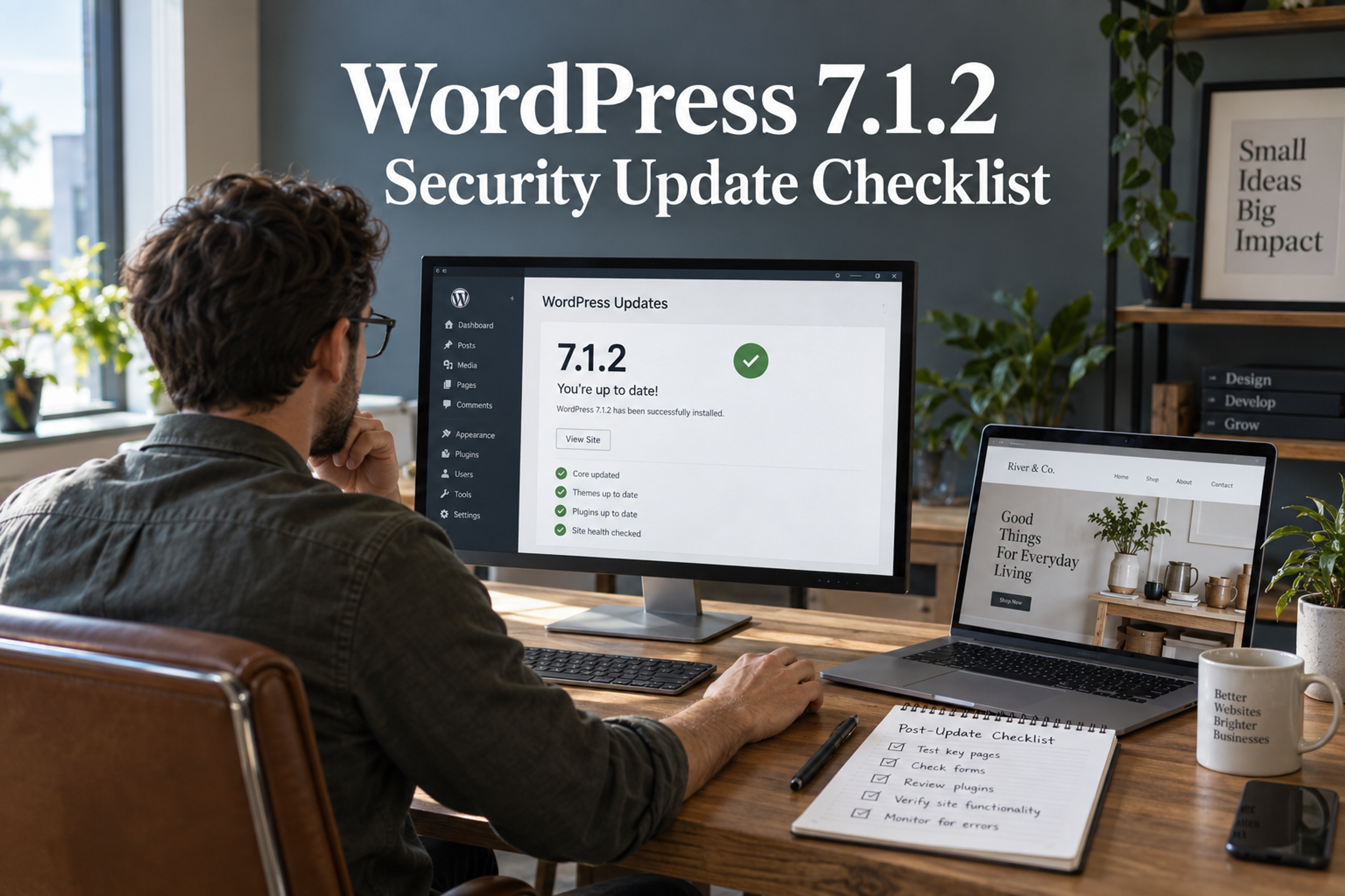 Developer reviewing a WordPress 7.1.2 update dashboard beside a storefront and a post-update checklist.