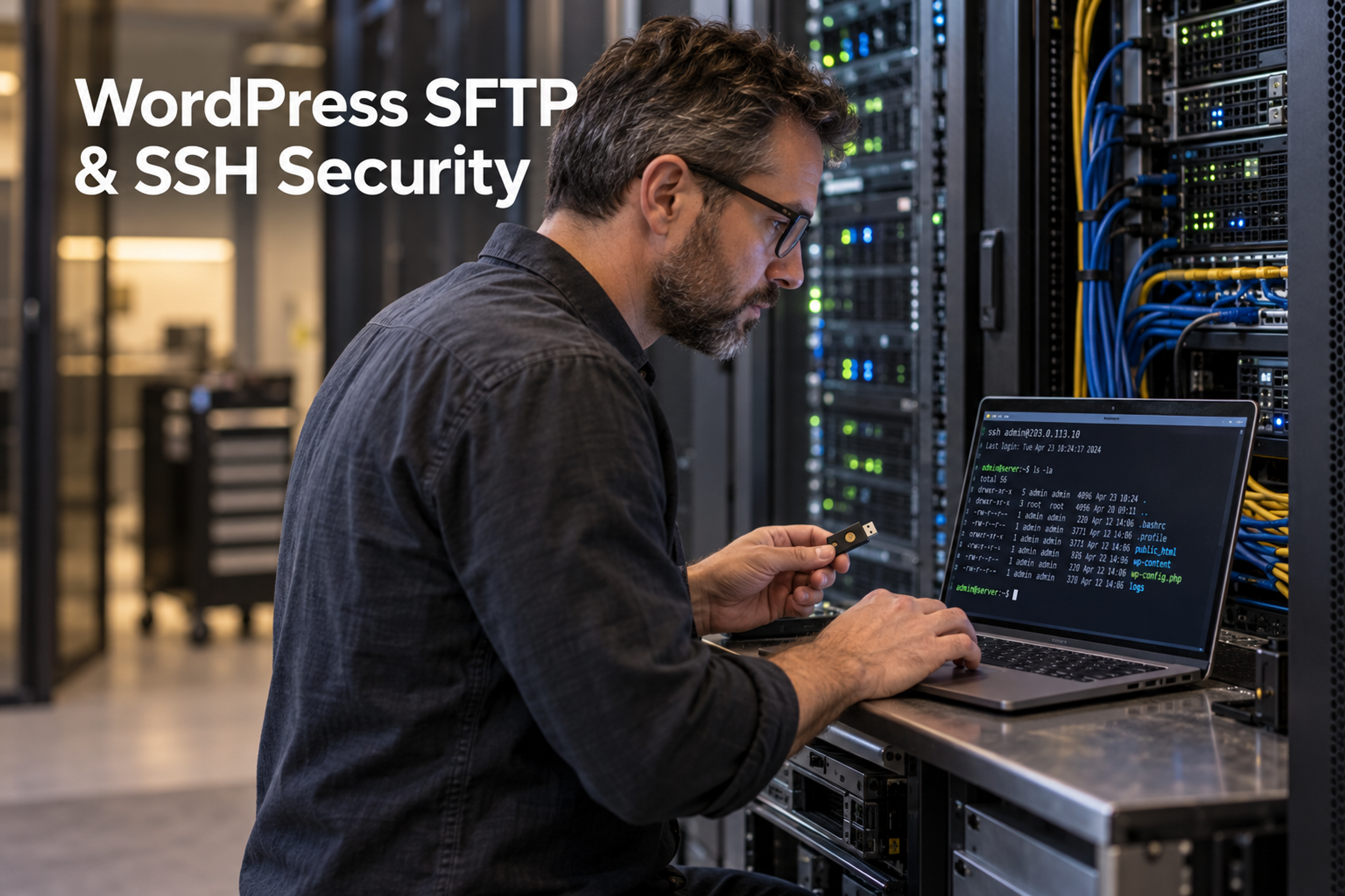 ویب سائٹ کا منتظم محفوظ WordPress SFTP اور SSH سرور تک رسائی کے لیے ہارڈویئر سیکیورٹی کلید اور لیپ ٹاپ استعمال کر رہا ہے