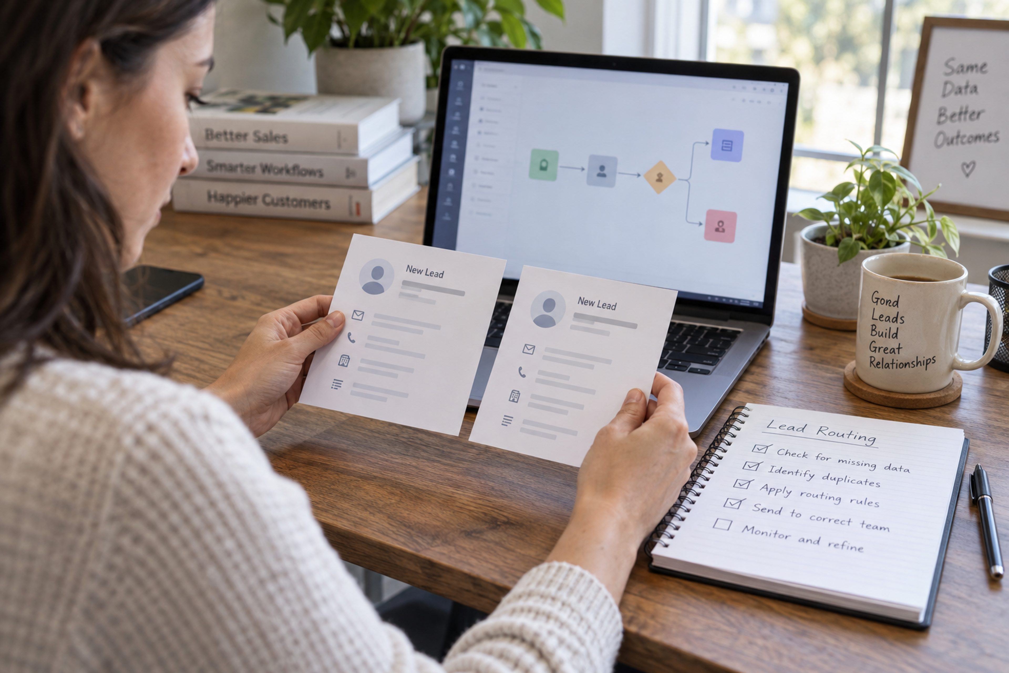 Sales coordinator reviewing lead records and a routing checklist.
