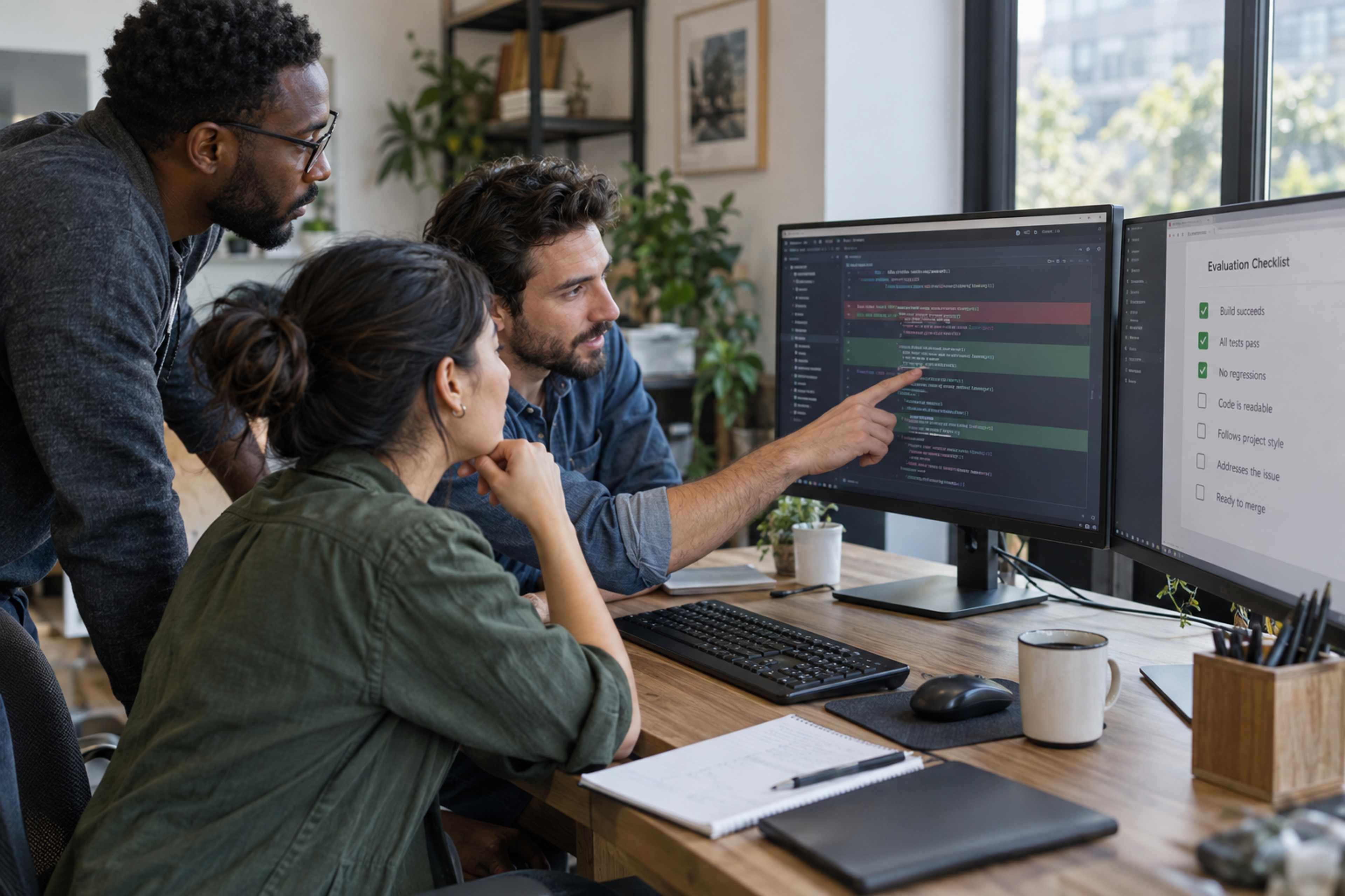 Developers reviewing code and an evaluation checklist.