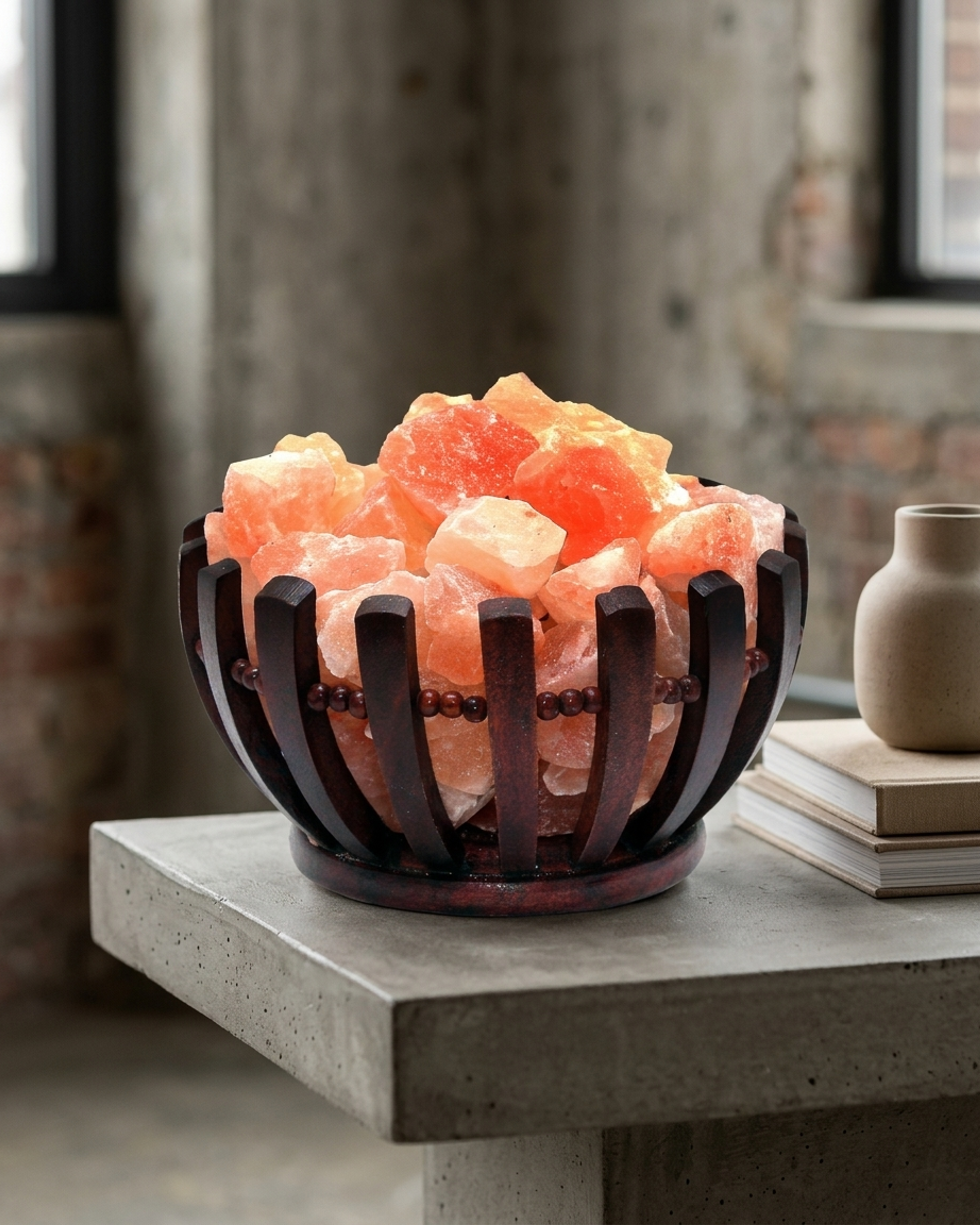 NS26 Himalayan Pink Salt Wooden Basket Lamp