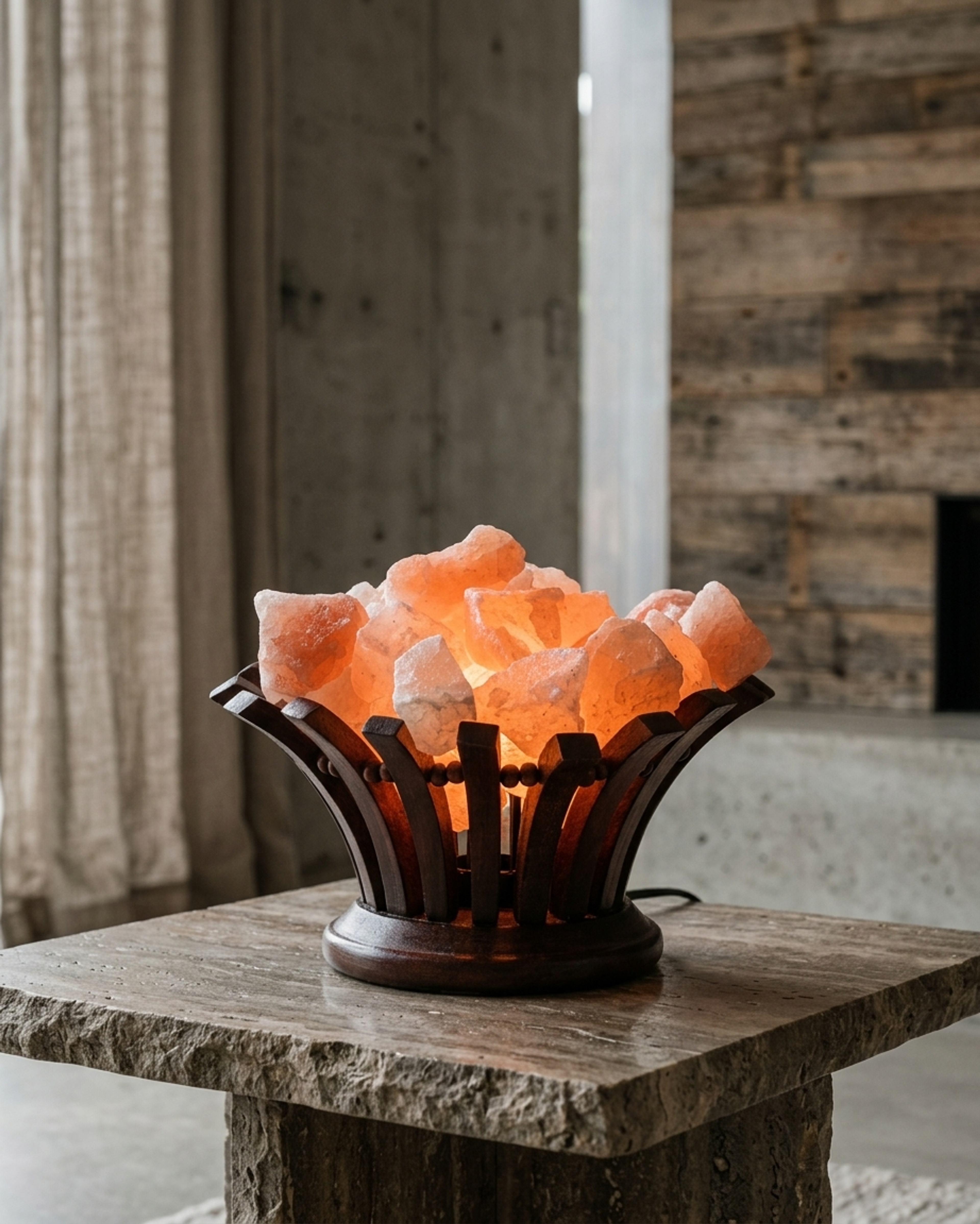 NS27 Himalayan Pink Salt Wooden Basket Lamp