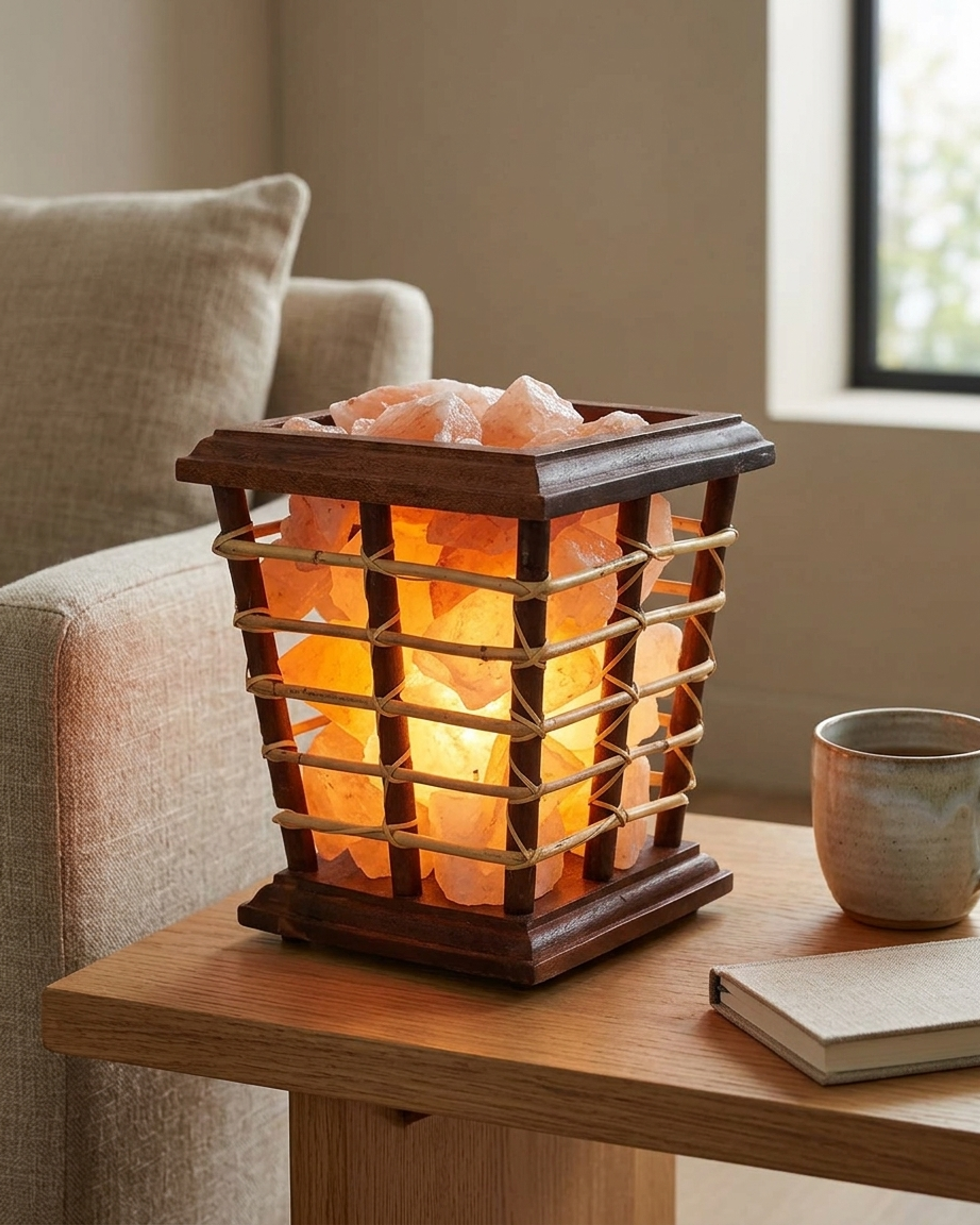 NS25 Himalayan Pink Salt Wooden Basket Lamp