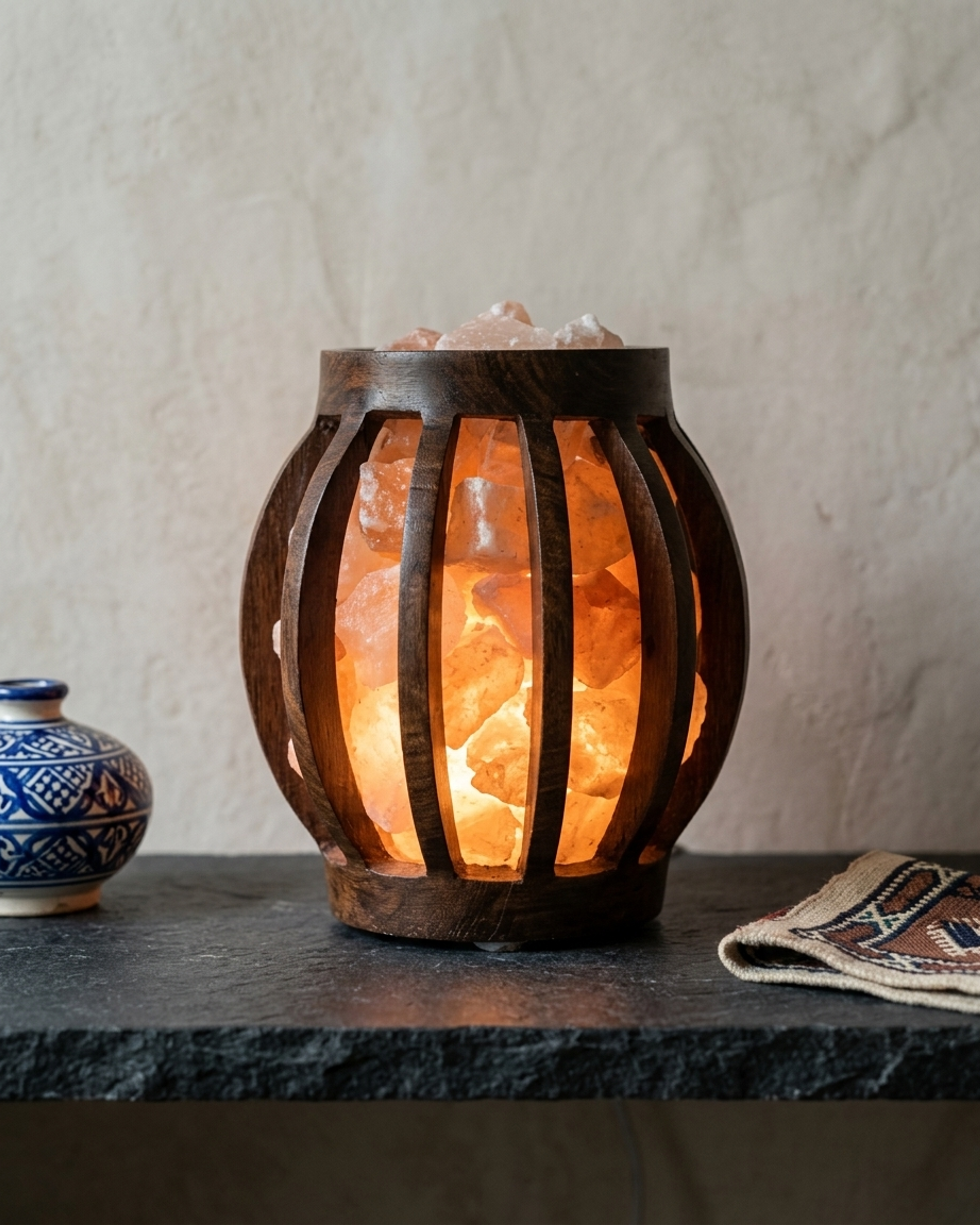 NS23 Himalayan Pink Salt Wooden Basket Lamp