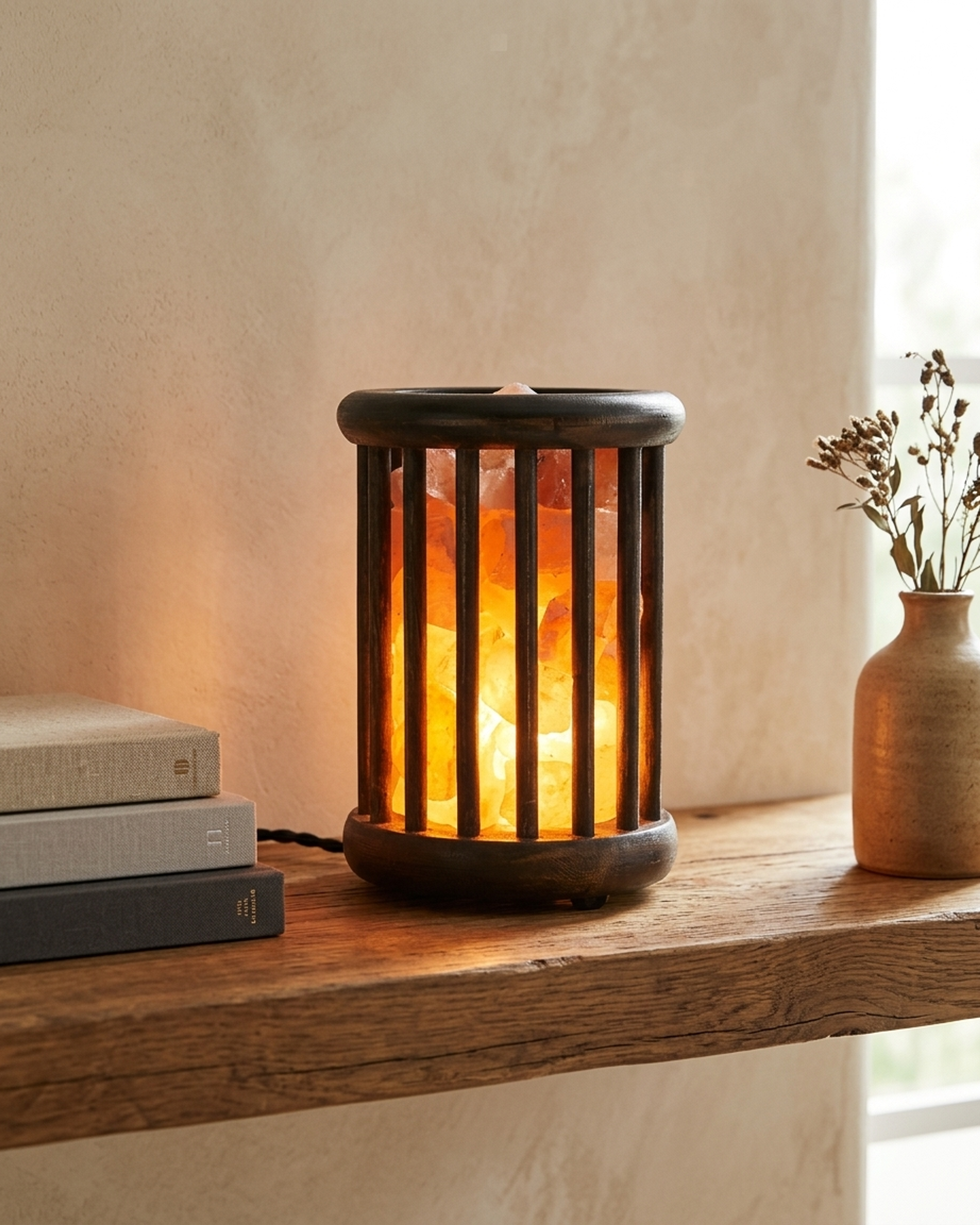 NS24 Himalayan Pink Salt Wooden Basket Lamp