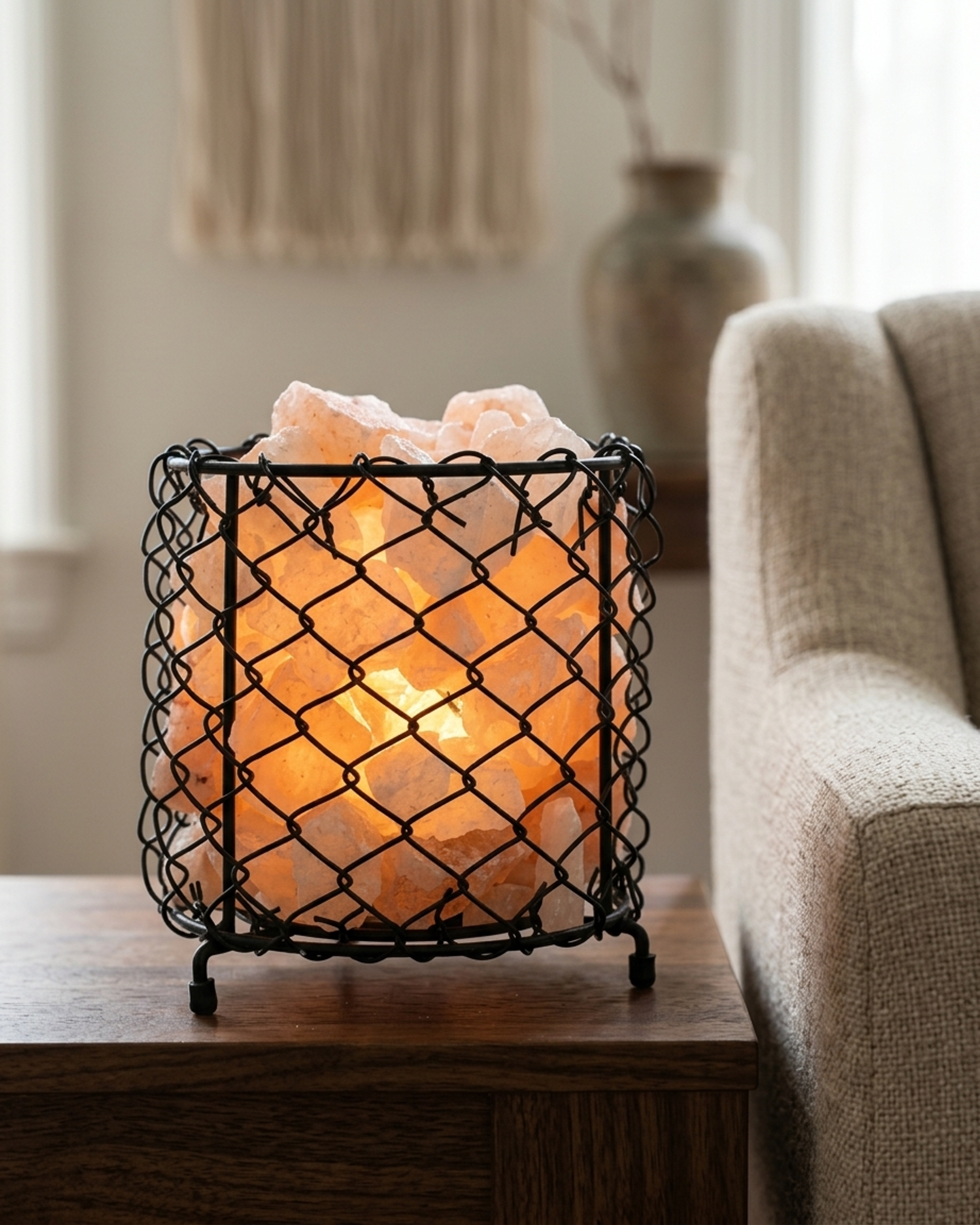 NS15 Himalayan Pink Salt Wire Basket Lamp