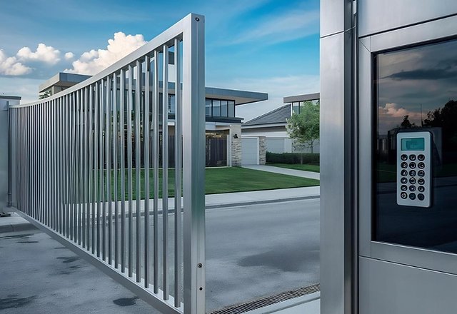 automatic sliding stainless steel security gate with keypad access control panel at entrance of modern luxury home with driveway and green lawn